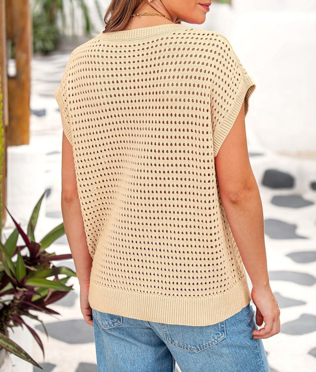 imagePRETTYGARDEN Womens Spring Tops 2025 Summer Shirts Crochet Cap Sleeve Sweater Pullover Cute Crew Neck Beach Cover UpsLight Khaki