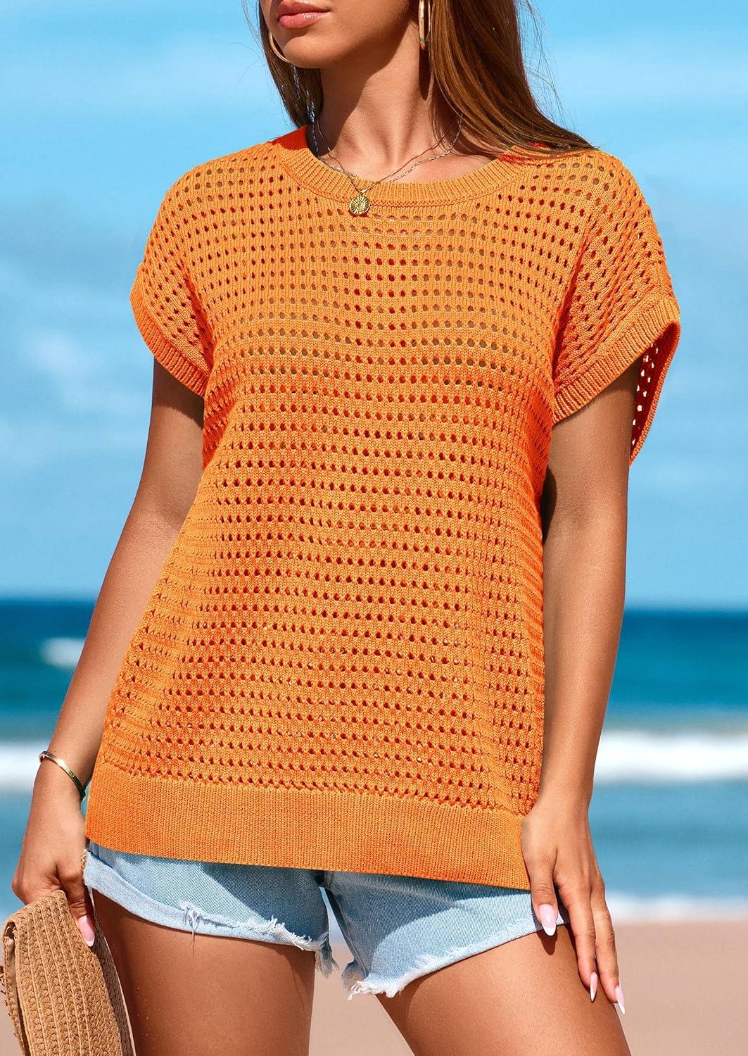 imagePRETTYGARDEN Womens Spring Tops 2025 Summer Shirts Crochet Cap Sleeve Sweater Pullover Cute Crew Neck Beach Cover UpsOrange