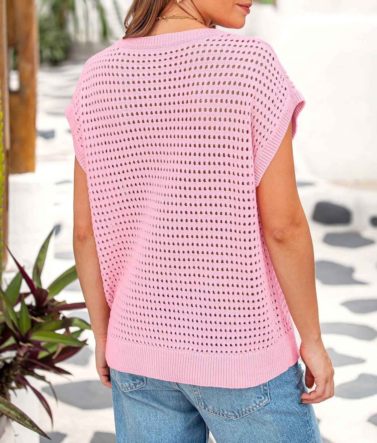 imagePRETTYGARDEN Womens Spring Tops 2025 Summer Shirts Crochet Cap Sleeve Sweater Pullover Cute Crew Neck Beach Cover UpsPink