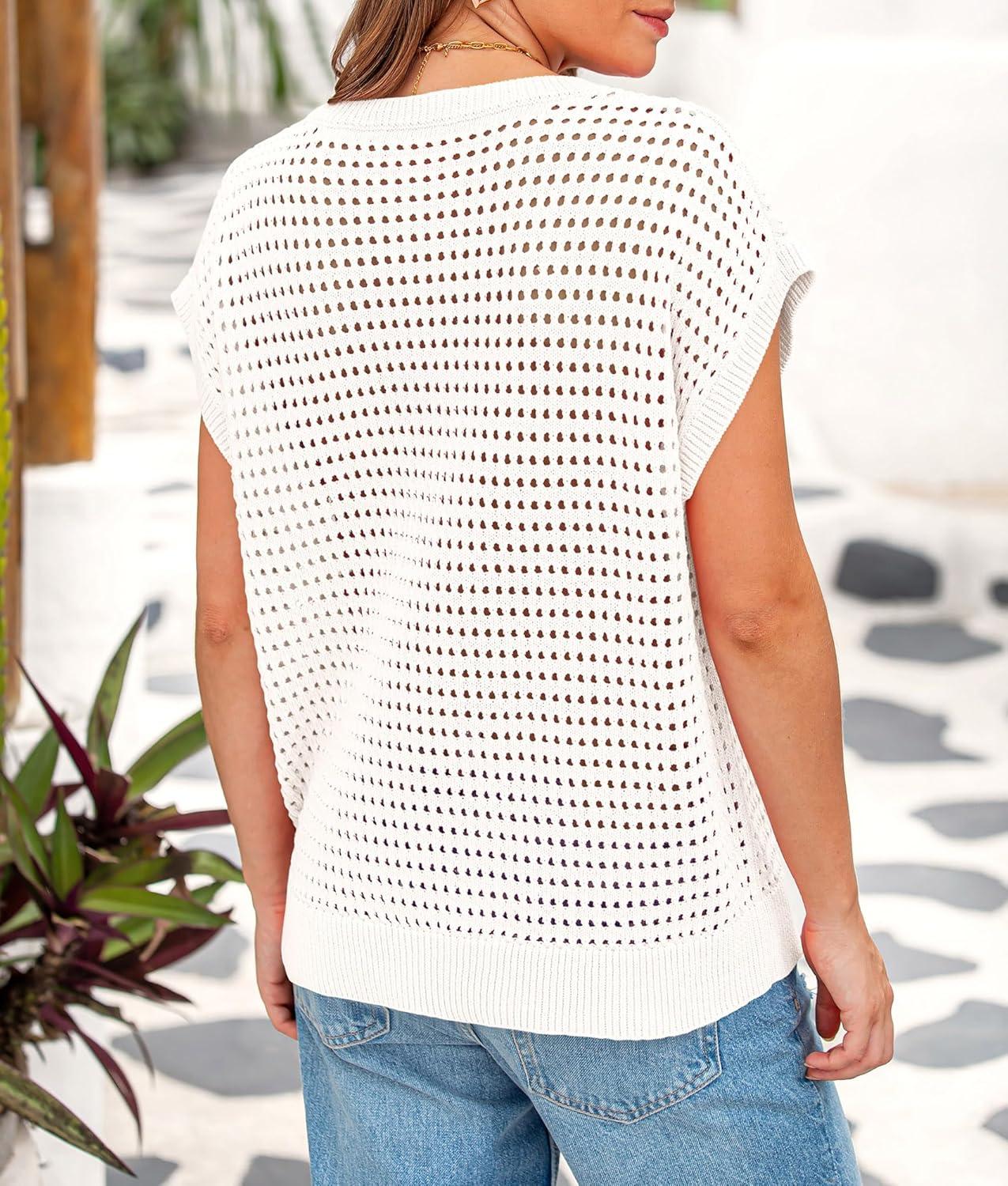 imagePRETTYGARDEN Womens Spring Tops 2025 Summer Shirts Crochet Cap Sleeve Sweater Pullover Cute Crew Neck Beach Cover UpsWhite