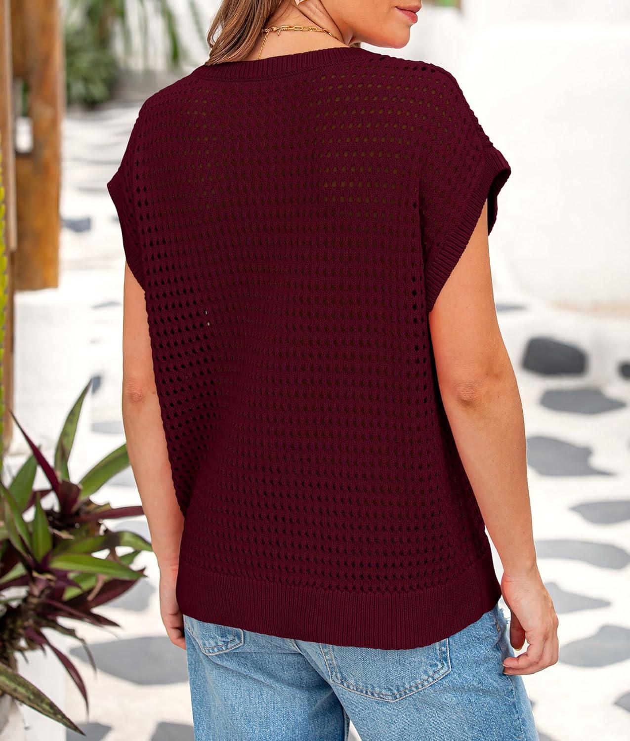imagePRETTYGARDEN Womens Spring Tops 2025 Summer Shirts Crochet Cap Sleeve Sweater Pullover Cute Crew Neck Beach Cover UpsWine Red