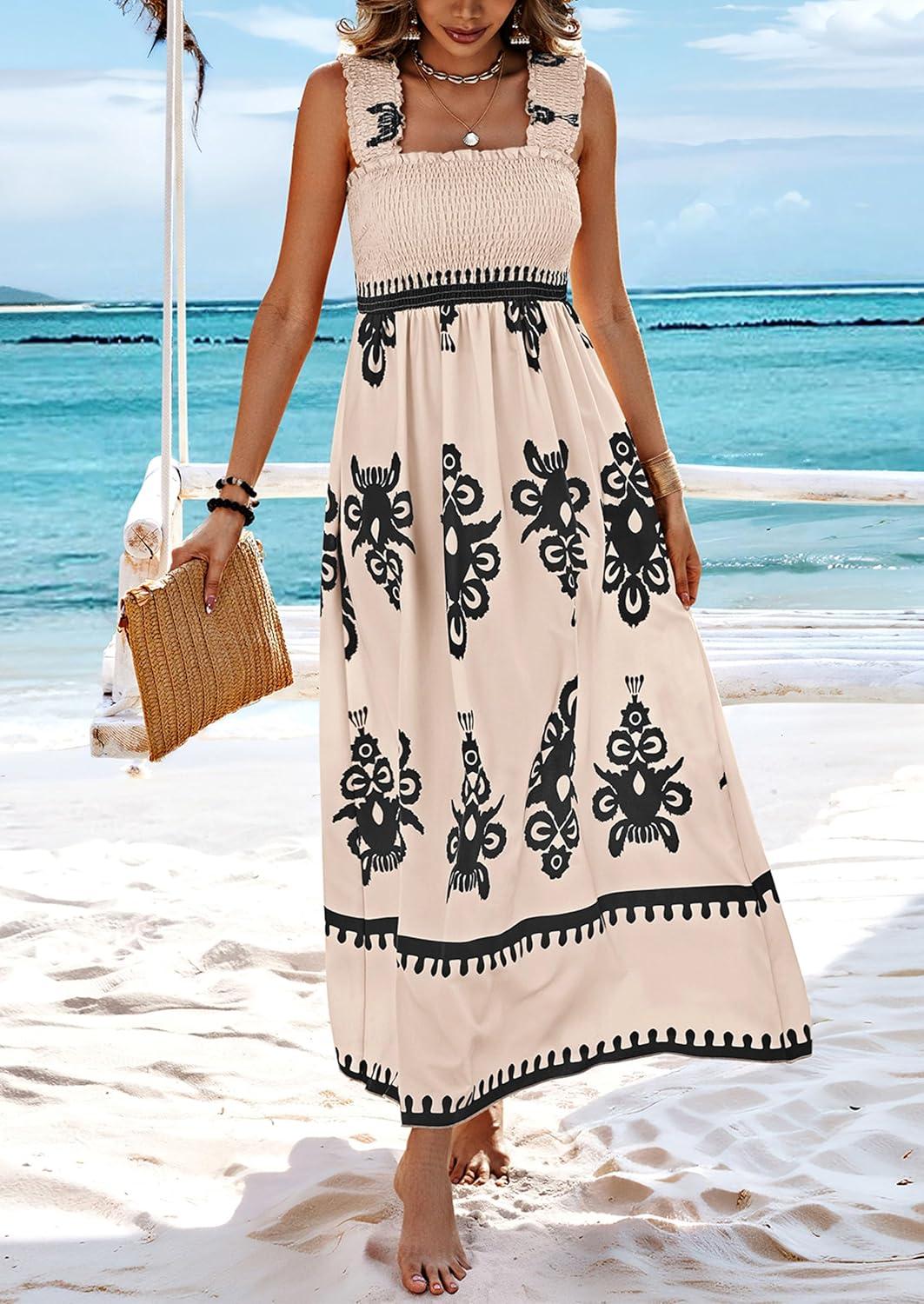 imagePRETTYGARDEN Womens Summer Boho Maxi Dress 2025 Casual Sleeveless Square Neck Floral Aline Smocked Beach Dresses with PocketsFloral Apricot Black