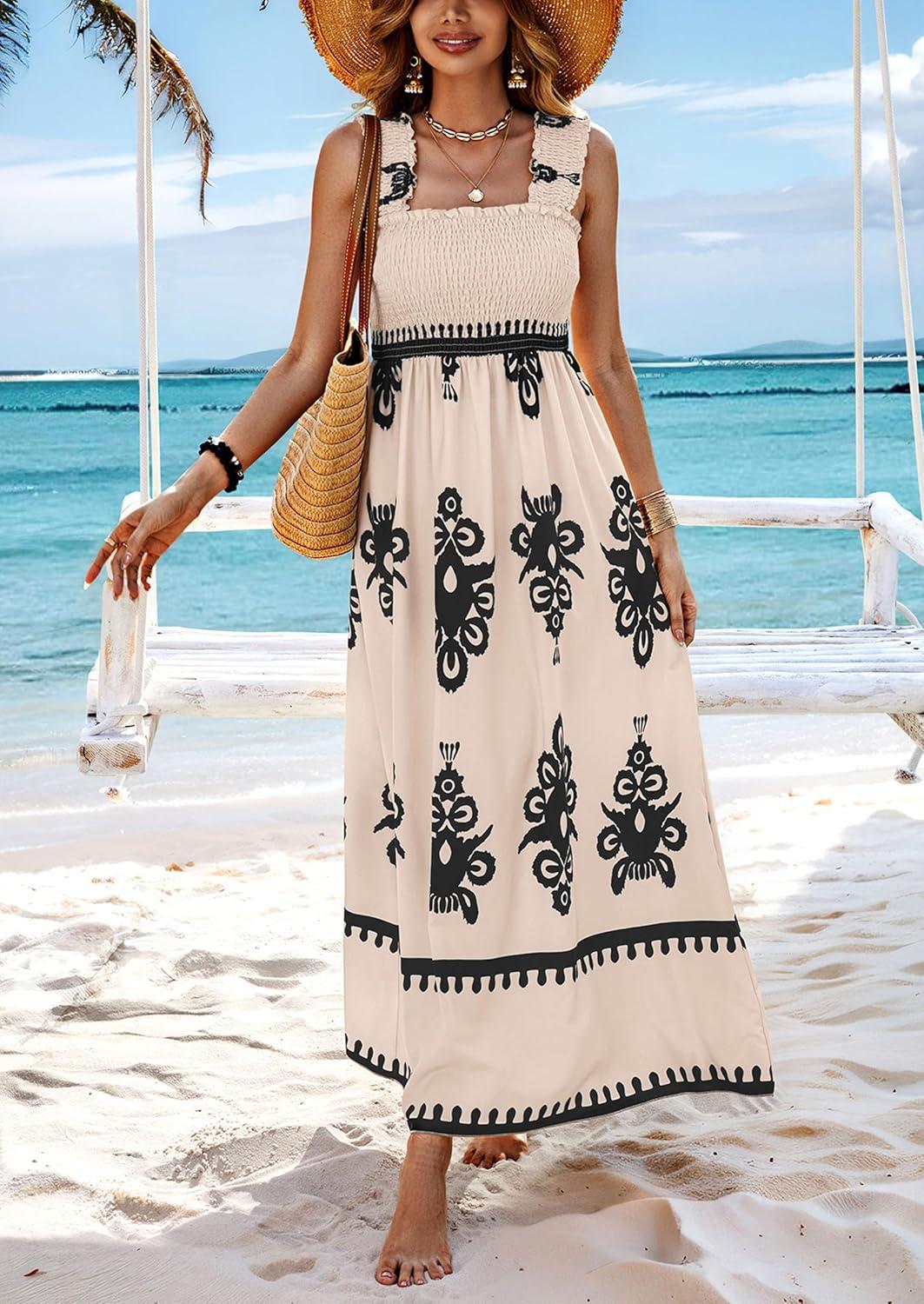 imagePRETTYGARDEN Womens Summer Boho Maxi Dress 2025 Casual Sleeveless Square Neck Floral Aline Smocked Beach Dresses with PocketsFloral Apricot Black