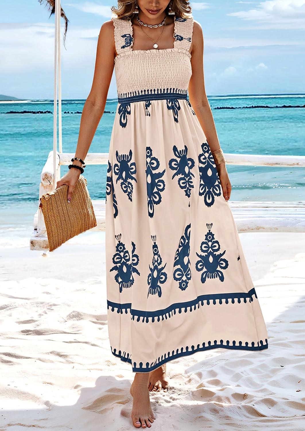 imagePRETTYGARDEN Womens Summer Boho Maxi Dress 2025 Casual Sleeveless Square Neck Floral Aline Smocked Beach Dresses with PocketsFloral Apricot Navy