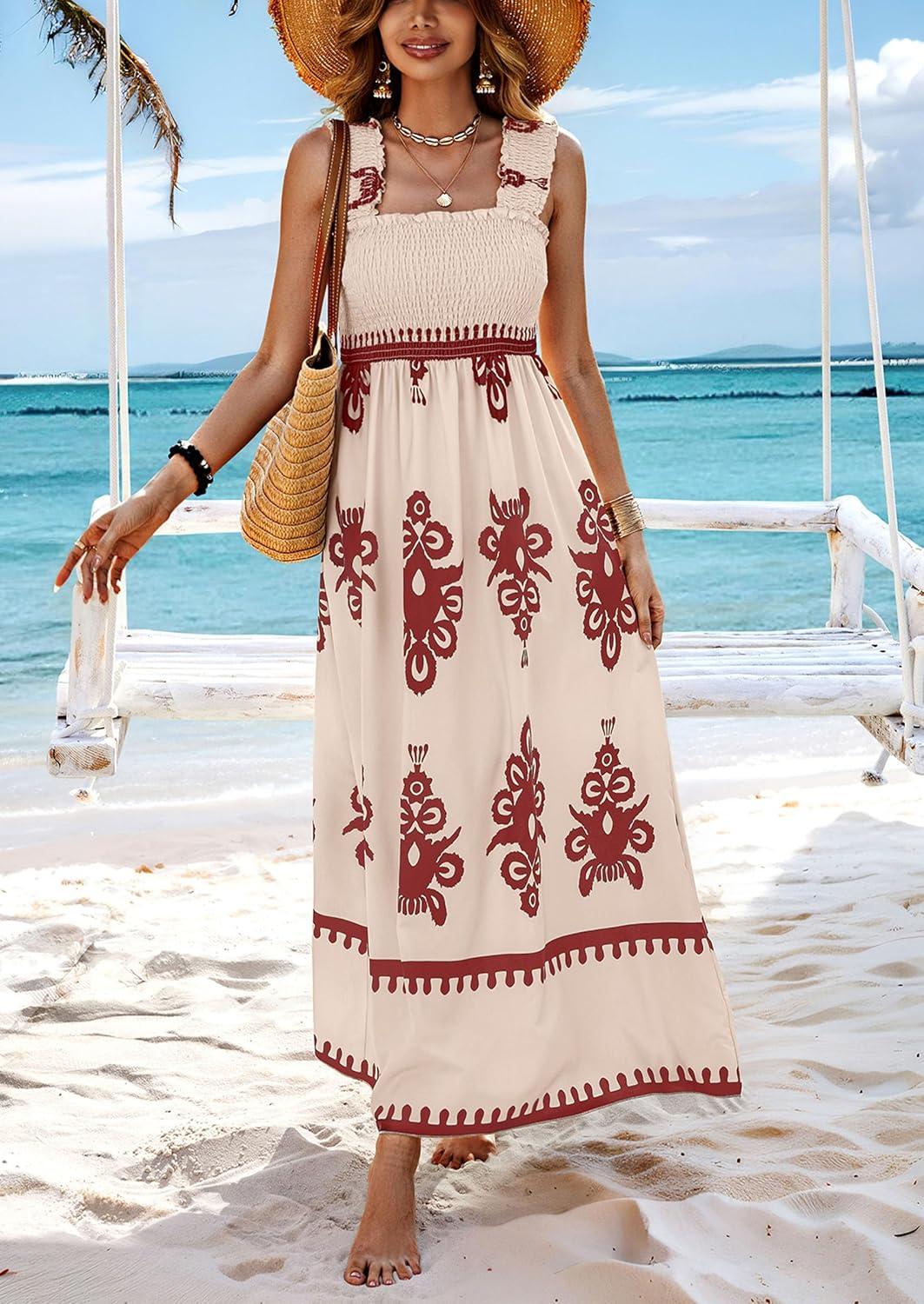 imagePRETTYGARDEN Womens Summer Boho Maxi Dress 2025 Casual Sleeveless Square Neck Floral Aline Smocked Beach Dresses with PocketsFloral Apricot Wine Red