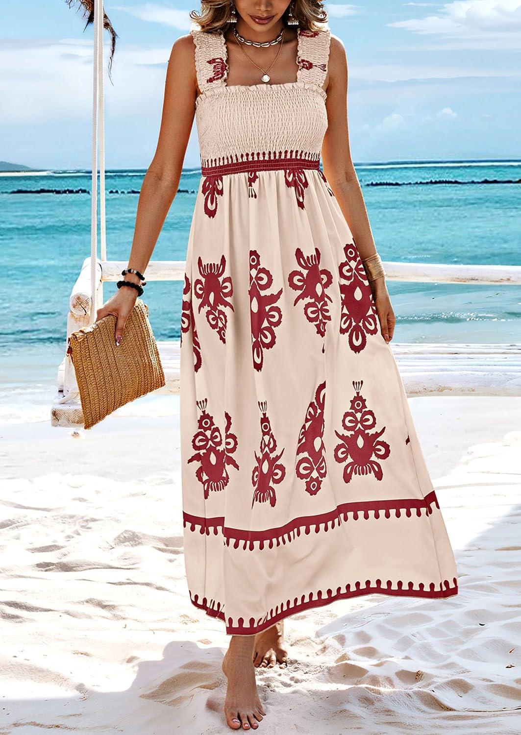 imagePRETTYGARDEN Womens Summer Boho Maxi Dress 2025 Casual Sleeveless Square Neck Floral Aline Smocked Beach Dresses with PocketsFloral Apricot Wine Red