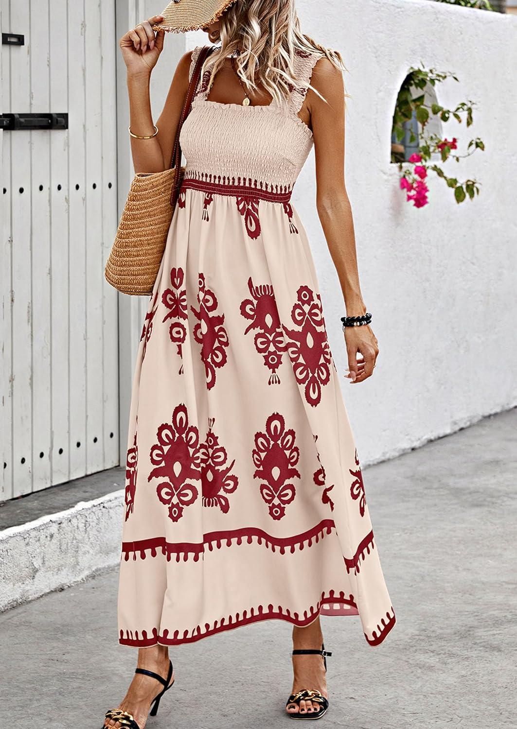 imagePRETTYGARDEN Womens Summer Boho Maxi Dress 2025 Casual Sleeveless Square Neck Floral Aline Smocked Beach Dresses with PocketsFloral Apricot Wine Red