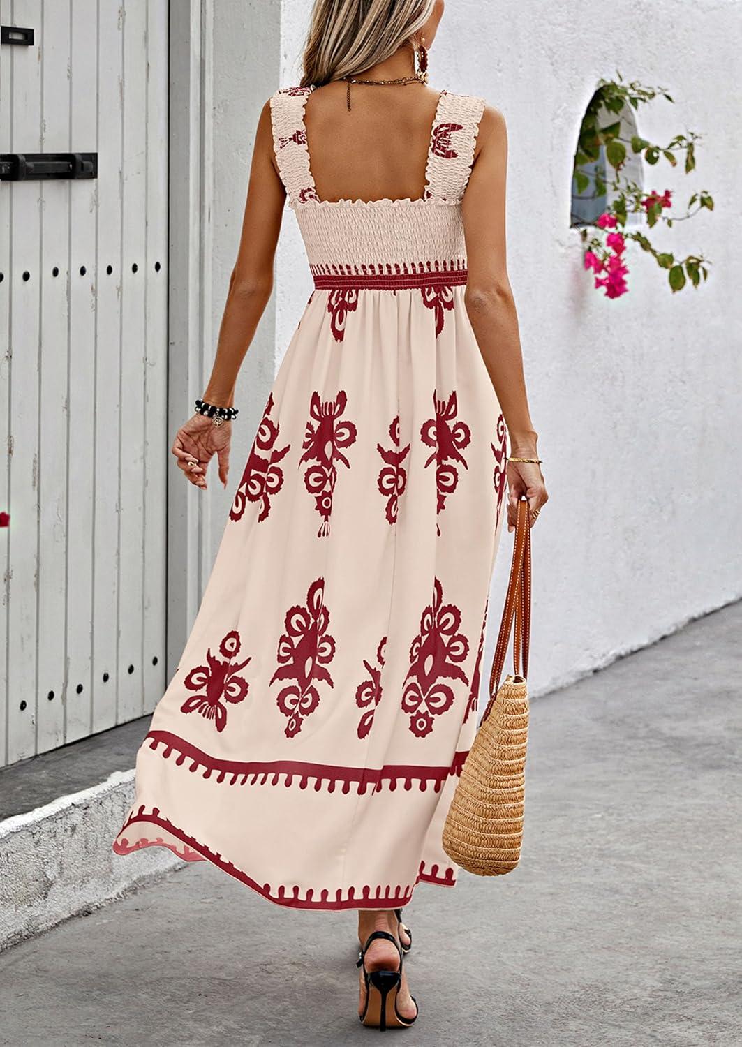 imagePRETTYGARDEN Womens Summer Boho Maxi Dress 2025 Casual Sleeveless Square Neck Floral Aline Smocked Beach Dresses with PocketsFloral Apricot Wine Red