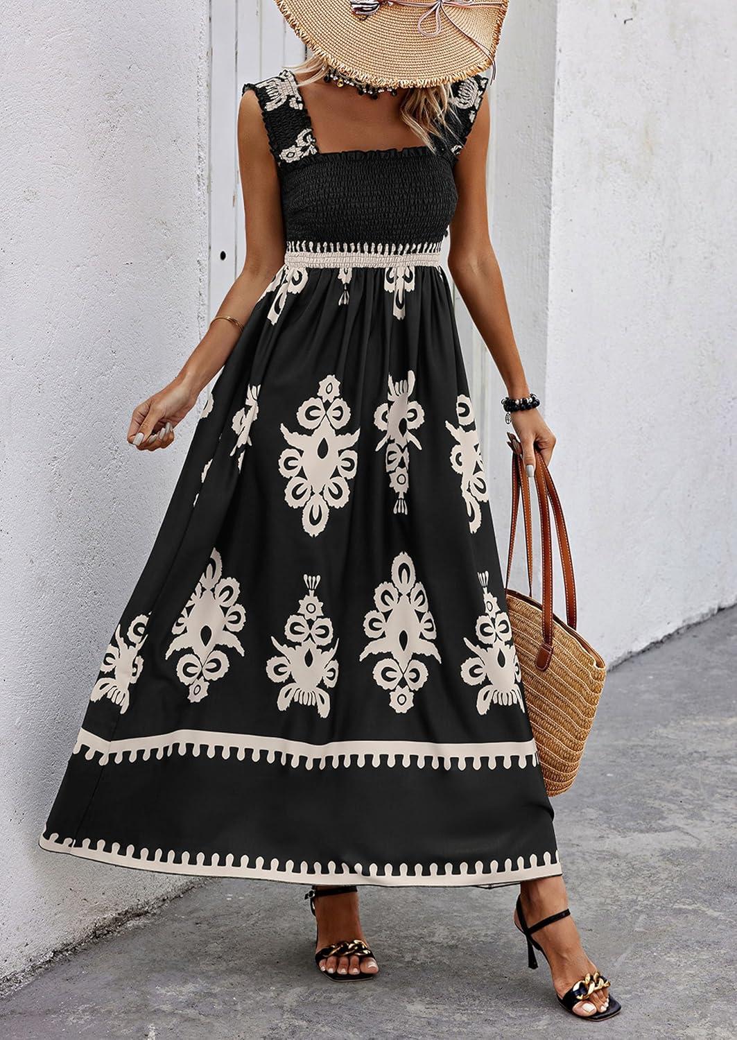 imagePRETTYGARDEN Womens Summer Boho Maxi Dress 2025 Casual Sleeveless Square Neck Floral Aline Smocked Beach Dresses with PocketsFloral Black Apricot