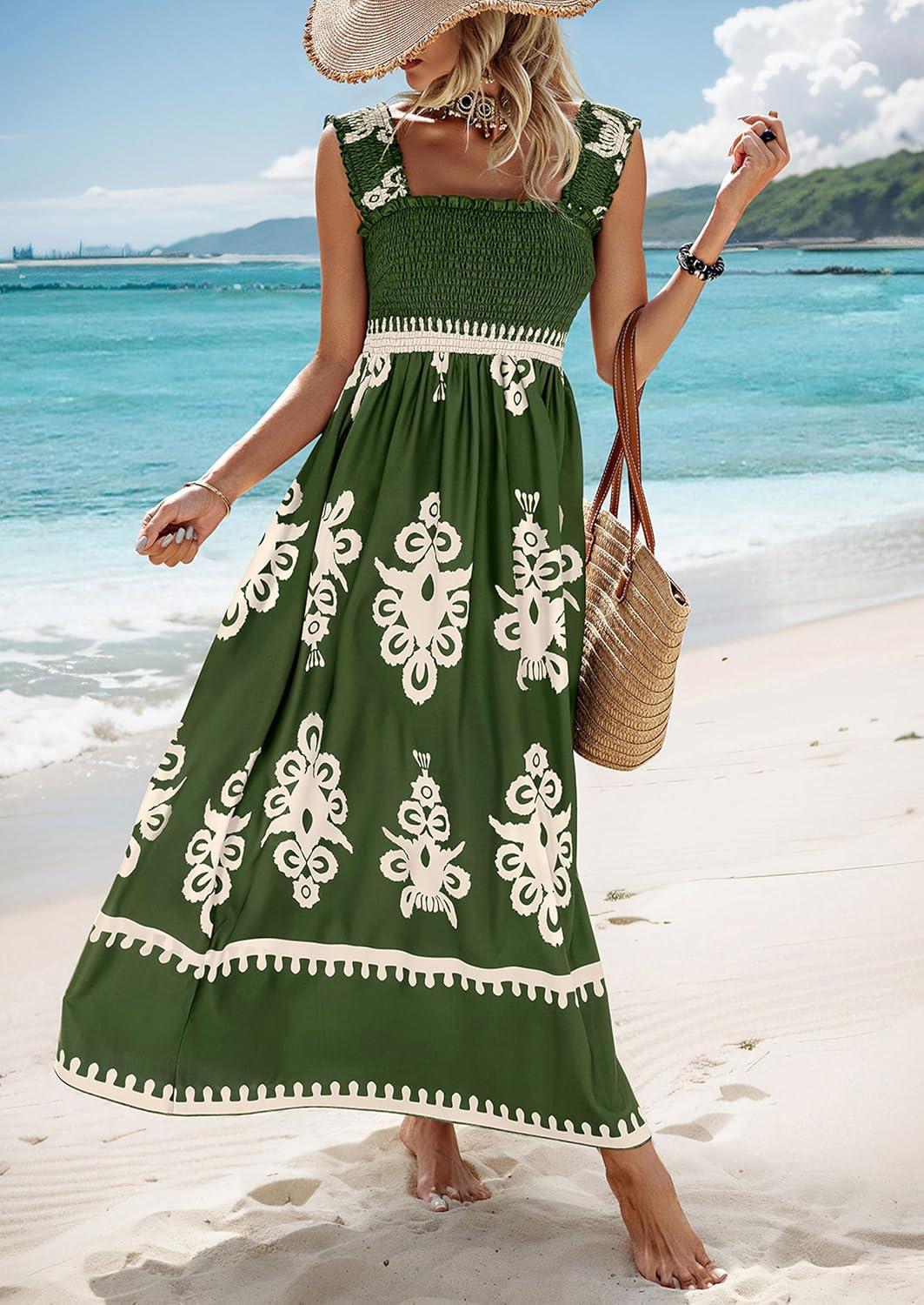 imagePRETTYGARDEN Womens Summer Boho Maxi Dress 2025 Casual Sleeveless Square Neck Floral Aline Smocked Beach Dresses with PocketsFloral Green Apricot
