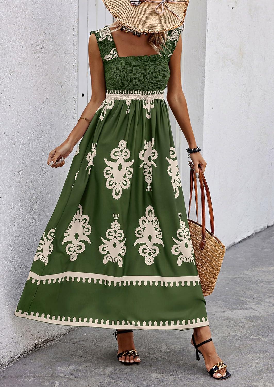 imagePRETTYGARDEN Womens Summer Boho Maxi Dress 2025 Casual Sleeveless Square Neck Floral Aline Smocked Beach Dresses with PocketsFloral Green Apricot