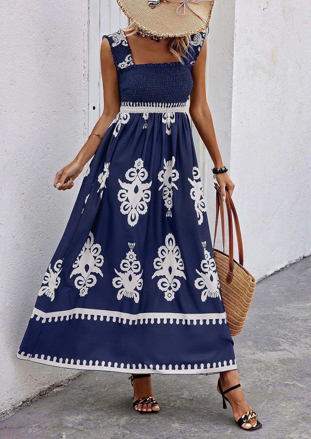 imagePRETTYGARDEN Womens Summer Boho Maxi Dress 2025 Casual Sleeveless Square Neck Floral Aline Smocked Beach Dresses with PocketsFloral Navy White