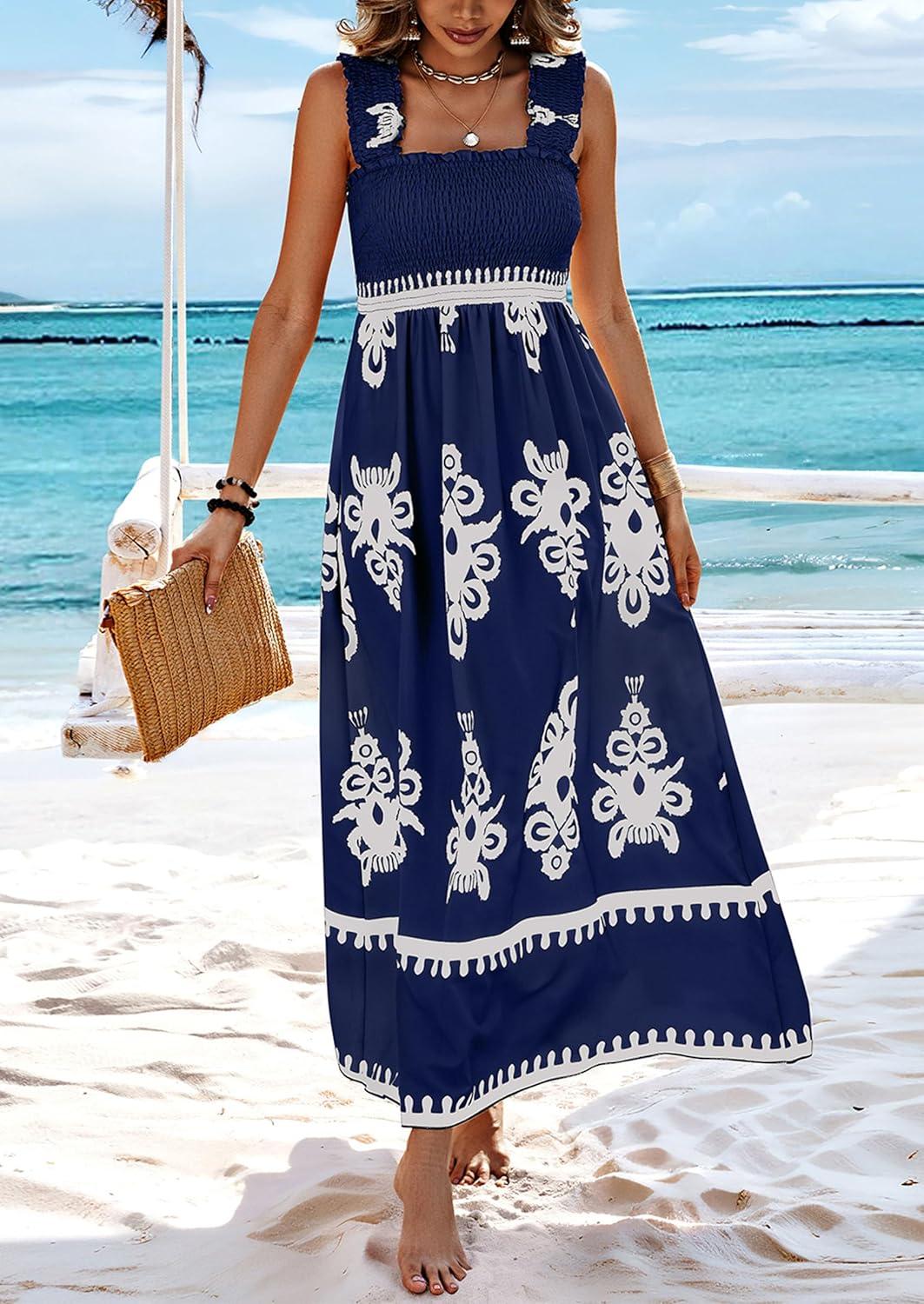 imagePRETTYGARDEN Womens Summer Boho Maxi Dress 2025 Casual Sleeveless Square Neck Floral Aline Smocked Beach Dresses with PocketsFloral Navy White