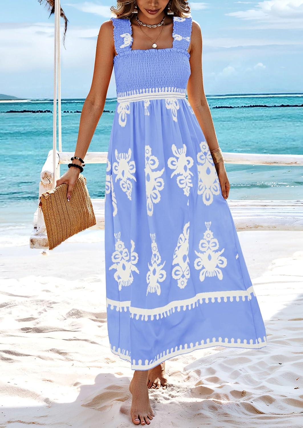 imagePRETTYGARDEN Womens Summer Boho Maxi Dress 2025 Casual Sleeveless Square Neck Floral Aline Smocked Beach Dresses with PocketsFloral Sky Blue White