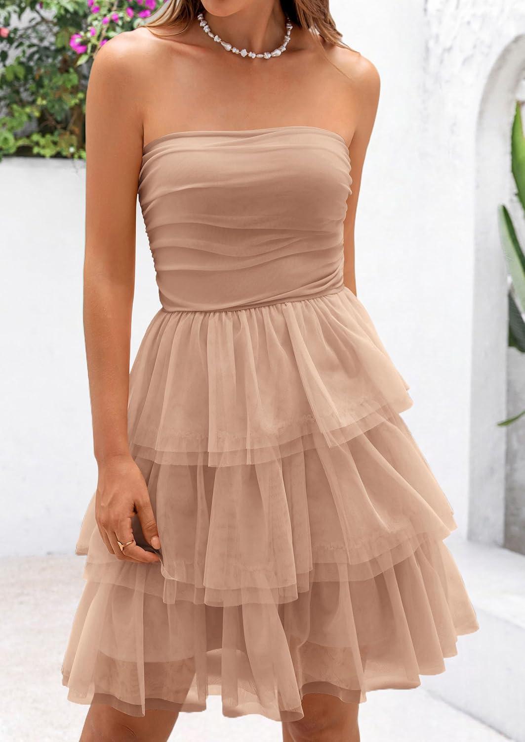 imagePRETTYGARDEN Womens Summer Dress 2025 Tube Top Mini Dresses Short Strapless Ruffle Tiered Wedding Guest Beach Mesh SundressKhaki