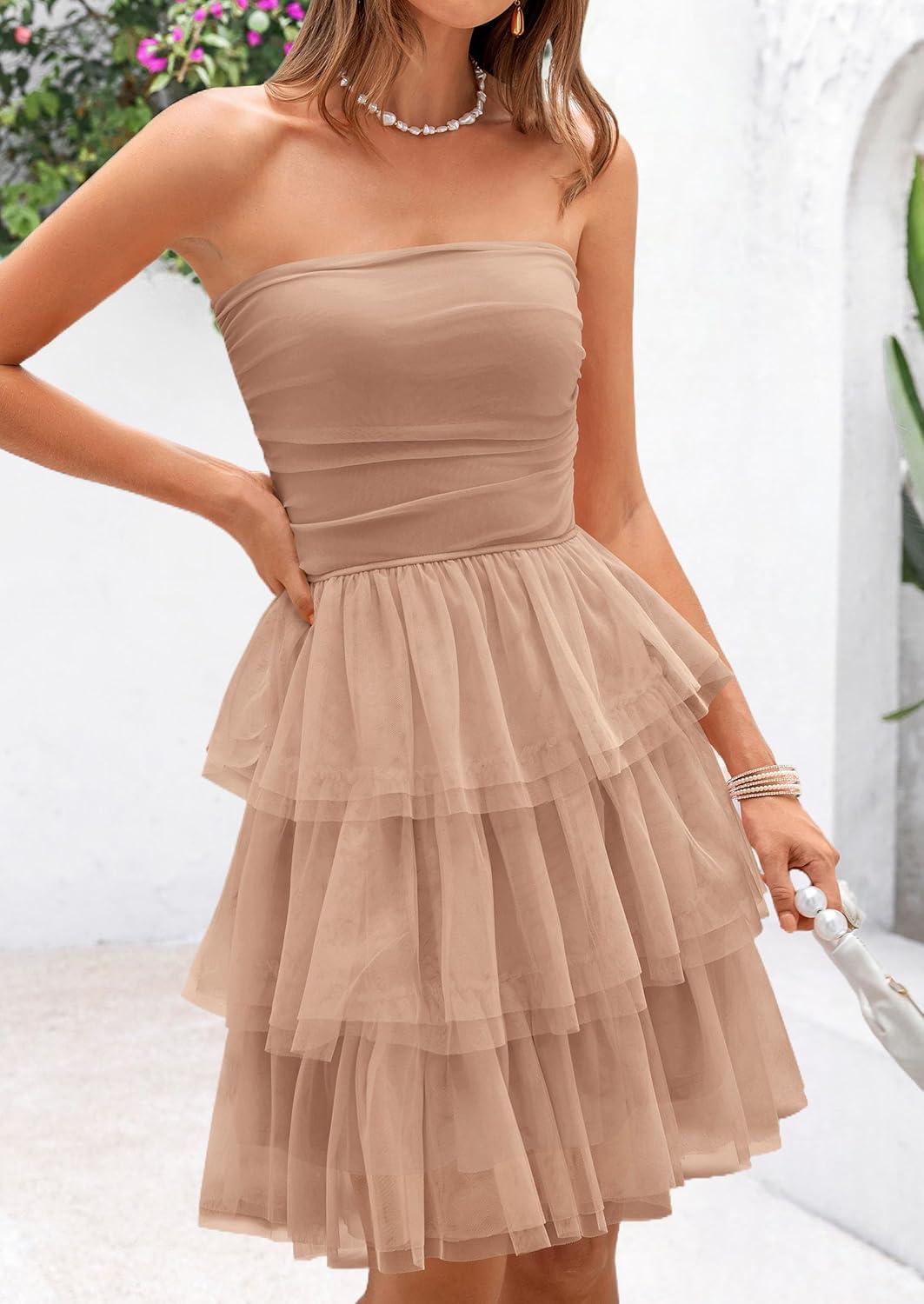 imagePRETTYGARDEN Womens Summer Dress 2025 Tube Top Mini Dresses Short Strapless Ruffle Tiered Wedding Guest Beach Mesh SundressKhaki