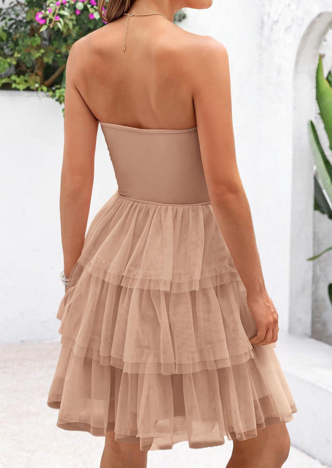 imagePRETTYGARDEN Womens Summer Dress 2025 Tube Top Mini Dresses Short Strapless Ruffle Tiered Wedding Guest Beach Mesh SundressKhaki