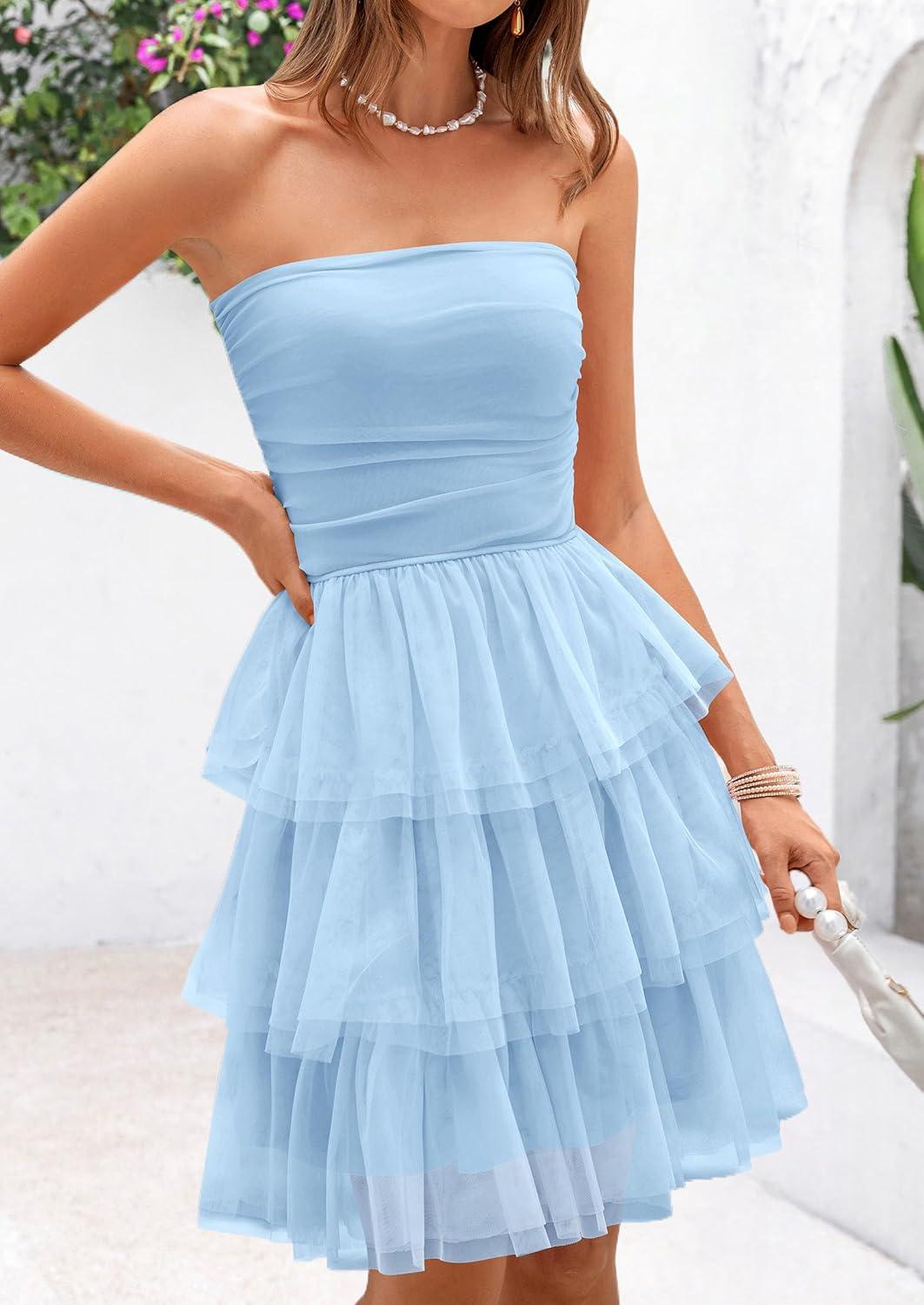 imagePRETTYGARDEN Womens Summer Dress 2025 Tube Top Mini Dresses Short Strapless Ruffle Tiered Wedding Guest Beach Mesh SundressLight Blue