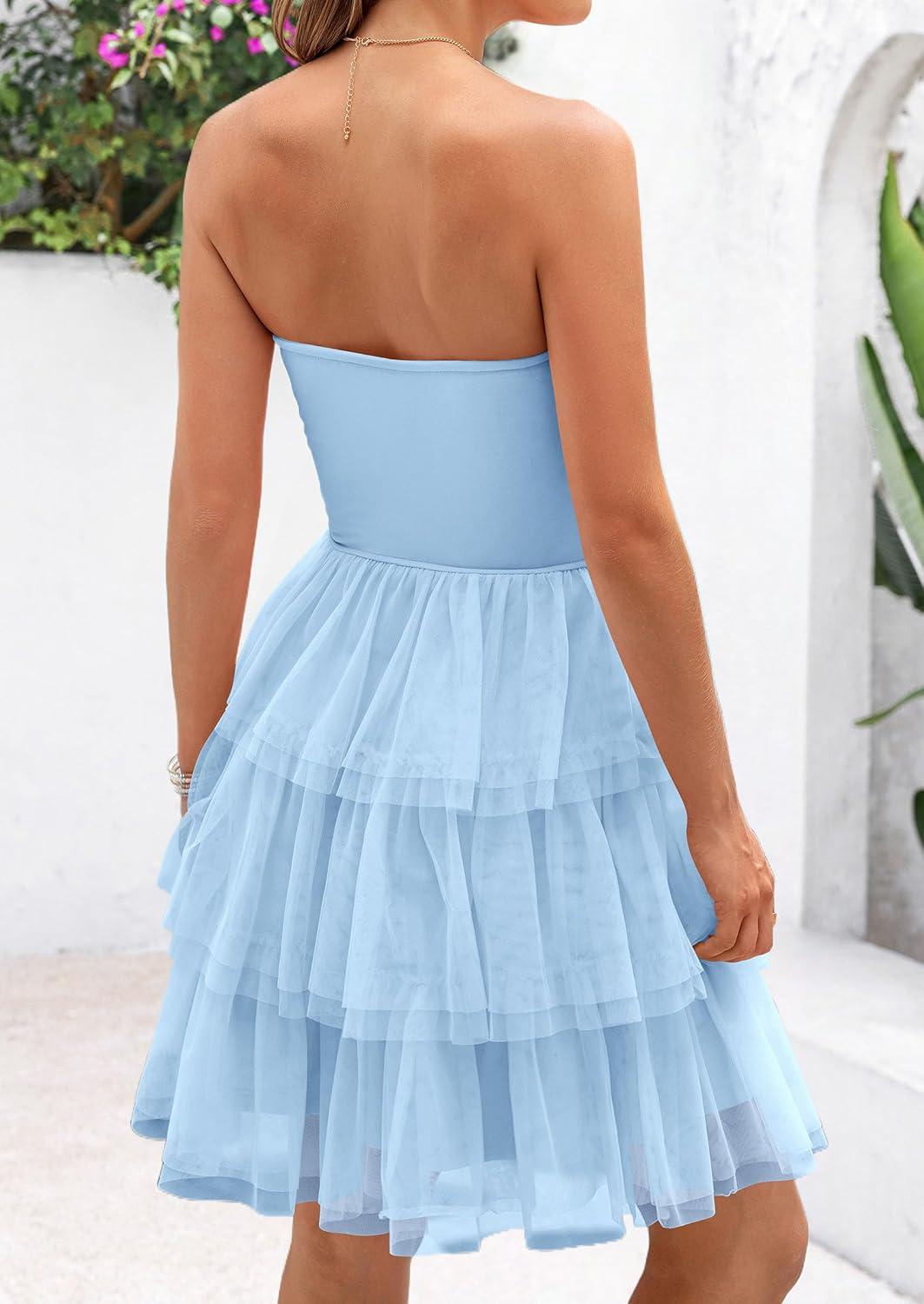 imagePRETTYGARDEN Womens Summer Dress 2025 Tube Top Mini Dresses Short Strapless Ruffle Tiered Wedding Guest Beach Mesh SundressLight Blue