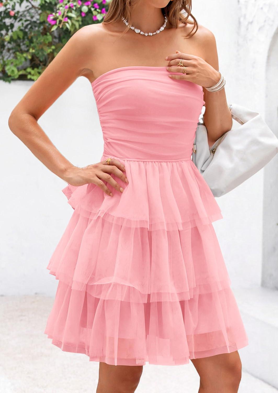 imagePRETTYGARDEN Womens Summer Dress 2025 Tube Top Mini Dresses Short Strapless Ruffle Tiered Wedding Guest Beach Mesh SundressPink