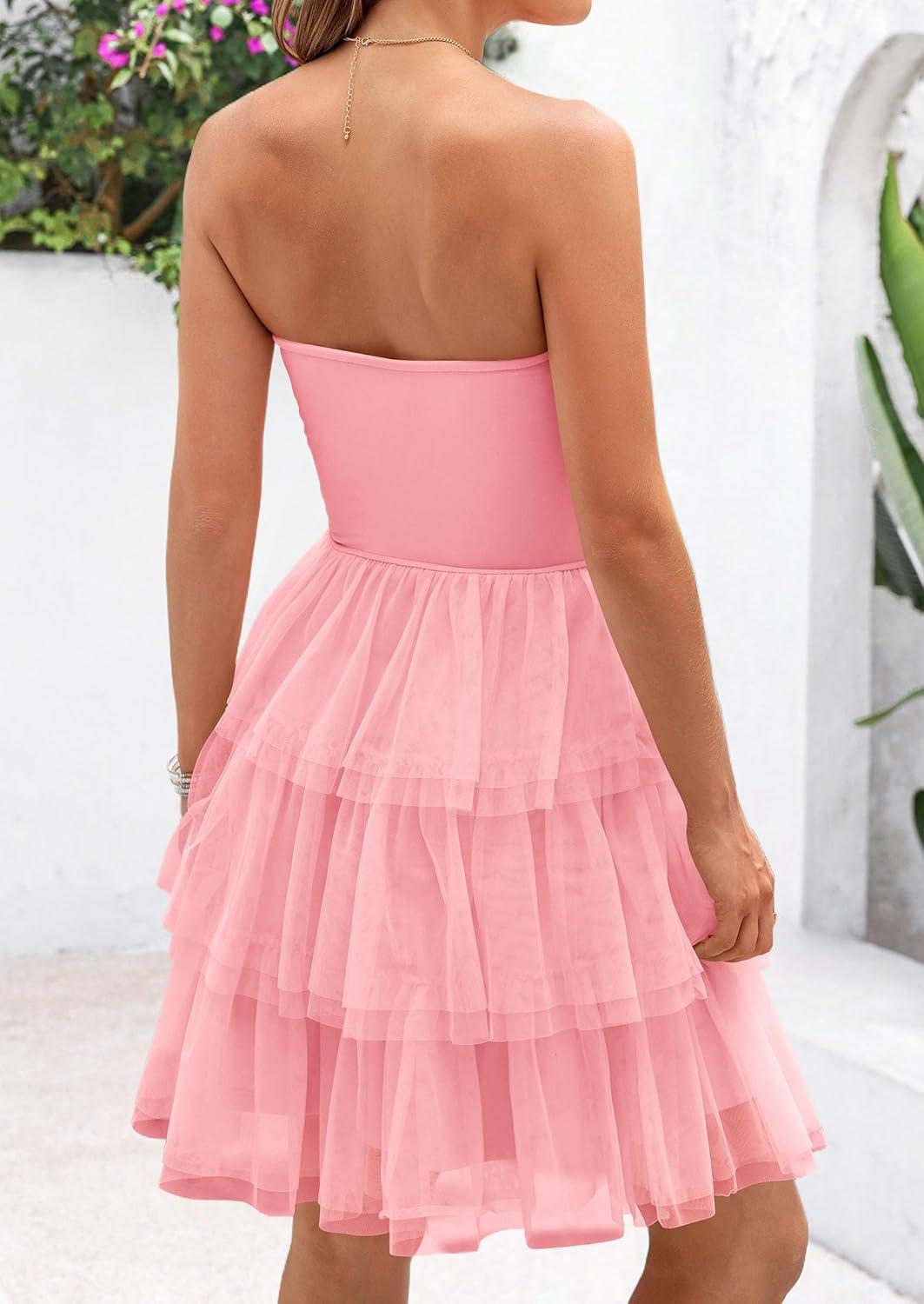 imagePRETTYGARDEN Womens Summer Dress 2025 Tube Top Mini Dresses Short Strapless Ruffle Tiered Wedding Guest Beach Mesh SundressPink