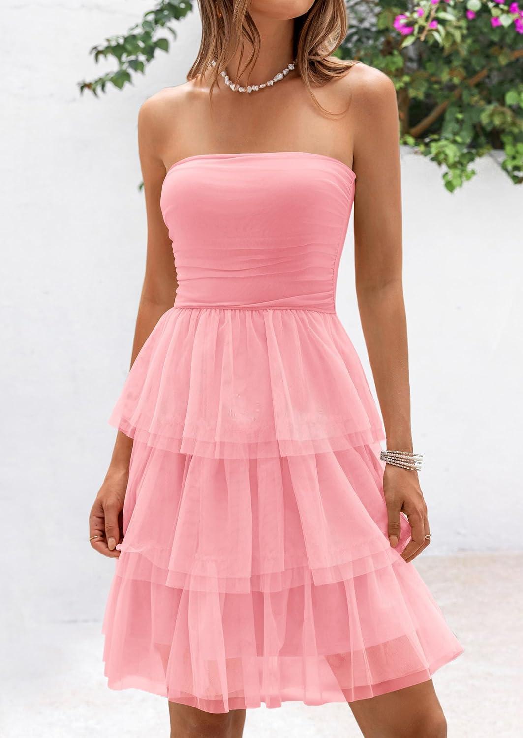 imagePRETTYGARDEN Womens Summer Dress 2025 Tube Top Mini Dresses Short Strapless Ruffle Tiered Wedding Guest Beach Mesh SundressPink