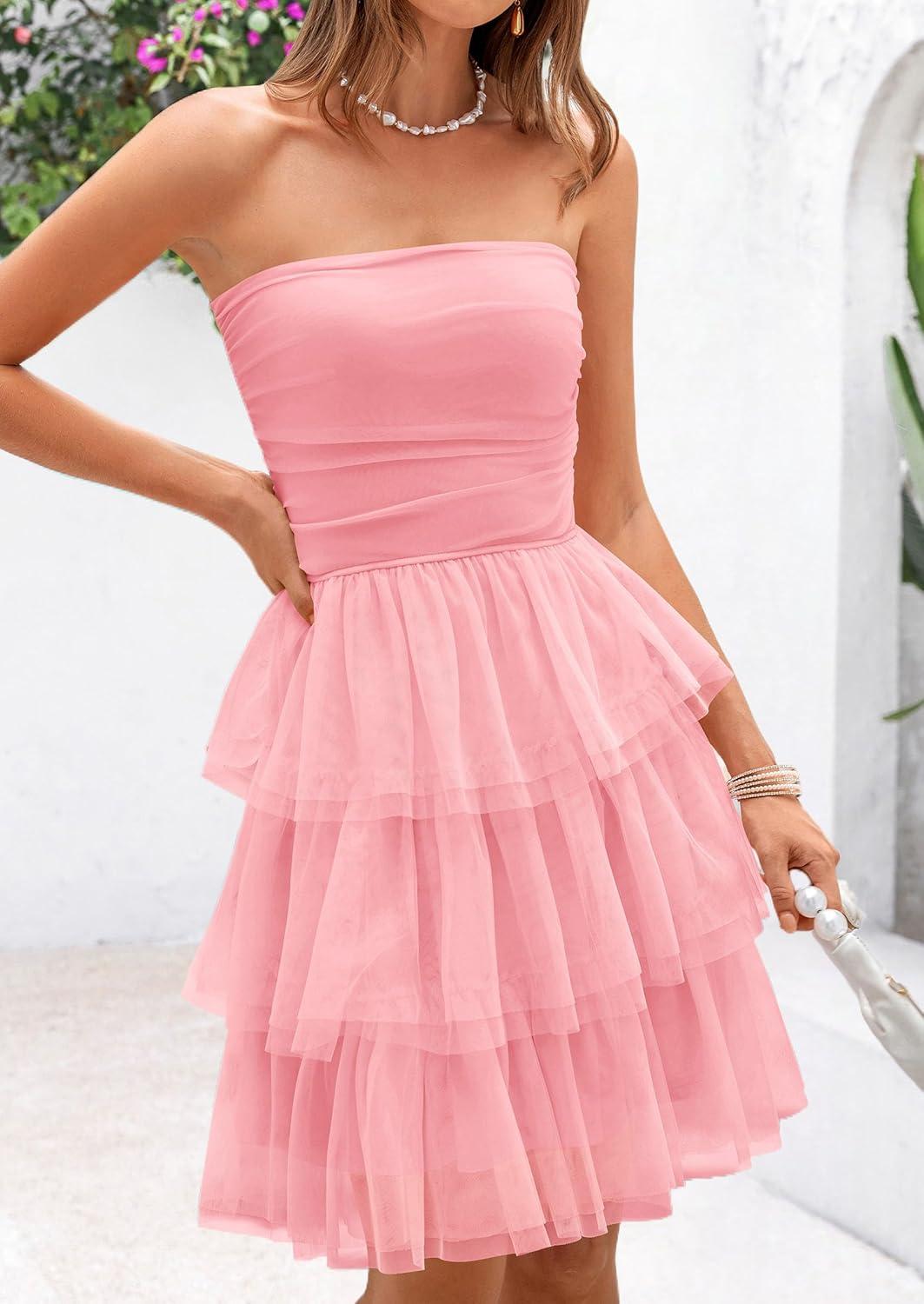 imagePRETTYGARDEN Womens Summer Dress 2025 Tube Top Mini Dresses Short Strapless Ruffle Tiered Wedding Guest Beach Mesh SundressPink