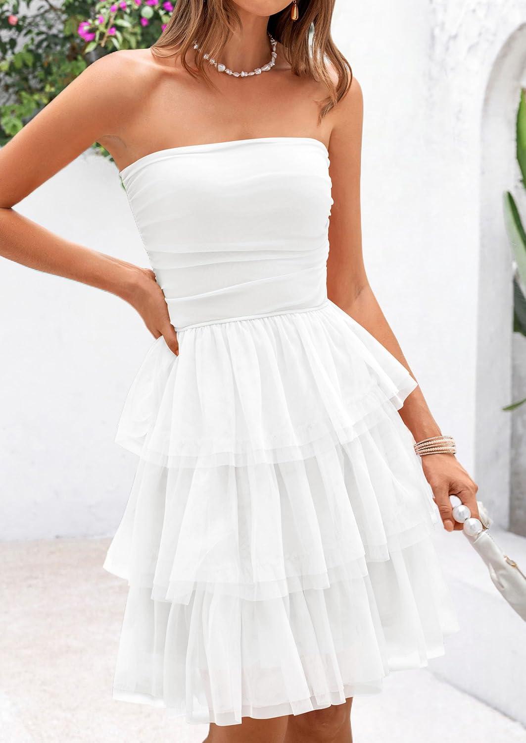 imagePRETTYGARDEN Womens Summer Dress 2025 Tube Top Mini Dresses Short Strapless Ruffle Tiered Wedding Guest Beach Mesh SundressWhite
