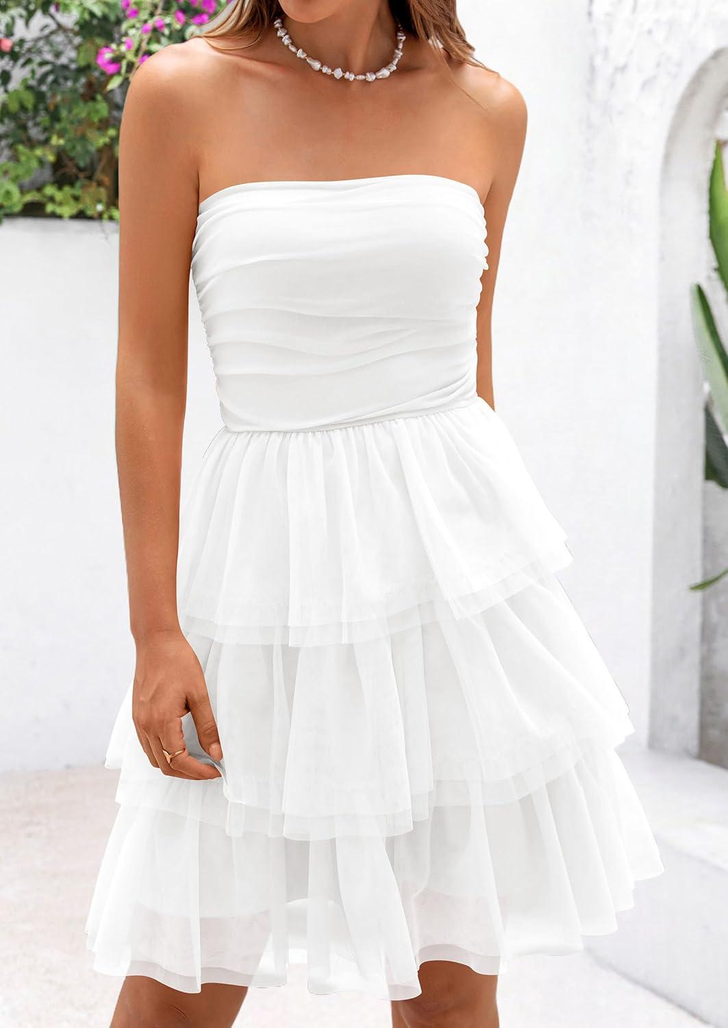 imagePRETTYGARDEN Womens Summer Dress 2025 Tube Top Mini Dresses Short Strapless Ruffle Tiered Wedding Guest Beach Mesh SundressWhite