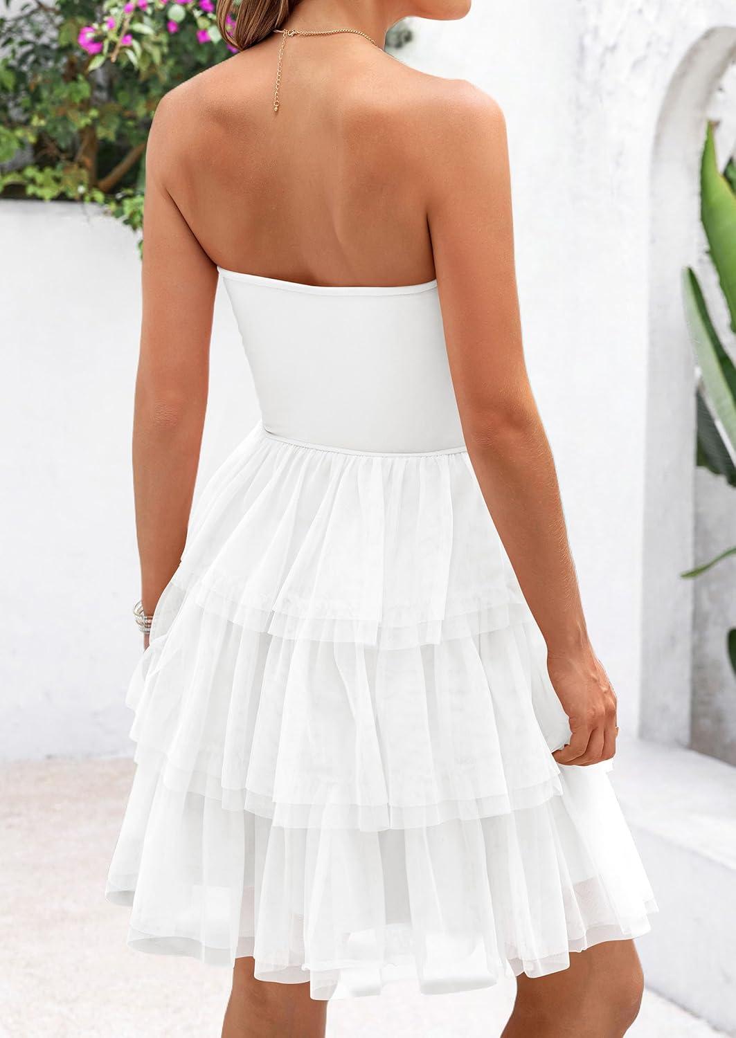 imagePRETTYGARDEN Womens Summer Dress 2025 Tube Top Mini Dresses Short Strapless Ruffle Tiered Wedding Guest Beach Mesh SundressWhite