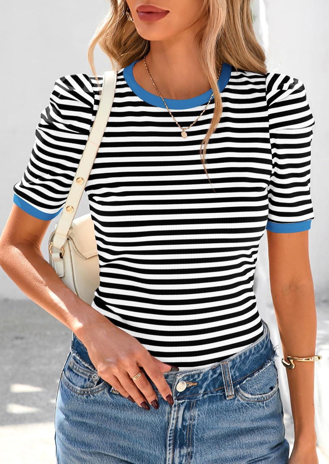 imagePRETTYGARDEN Womens Summer Puff Sleeve Tops Casual Ribbed Knit Crop Top Color Block Trendy Crewneck Striped ShirtsBlack