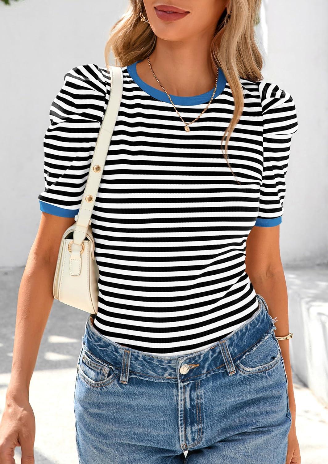 imagePRETTYGARDEN Womens Summer Puff Sleeve Tops Casual Ribbed Knit Crop Top Color Block Trendy Crewneck Striped ShirtsBlack