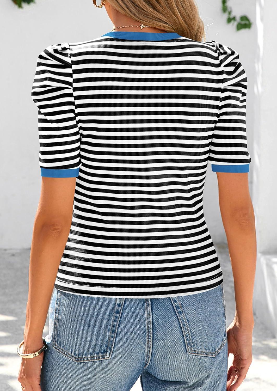 imagePRETTYGARDEN Womens Summer Puff Sleeve Tops Casual Ribbed Knit Crop Top Color Block Trendy Crewneck Striped ShirtsBlack