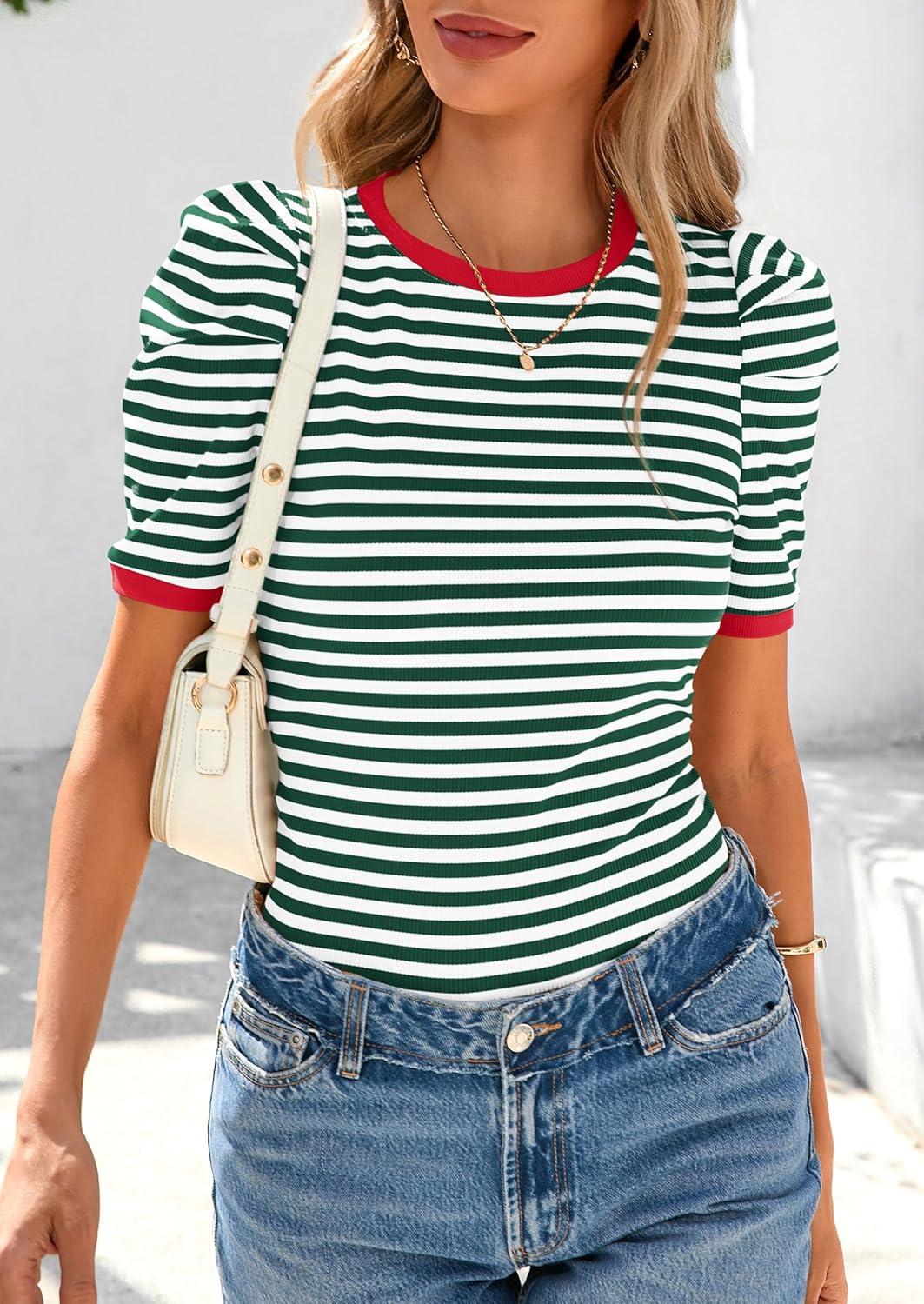 imagePRETTYGARDEN Womens Summer Puff Sleeve Tops Casual Ribbed Knit Crop Top Color Block Trendy Crewneck Striped ShirtsGreen