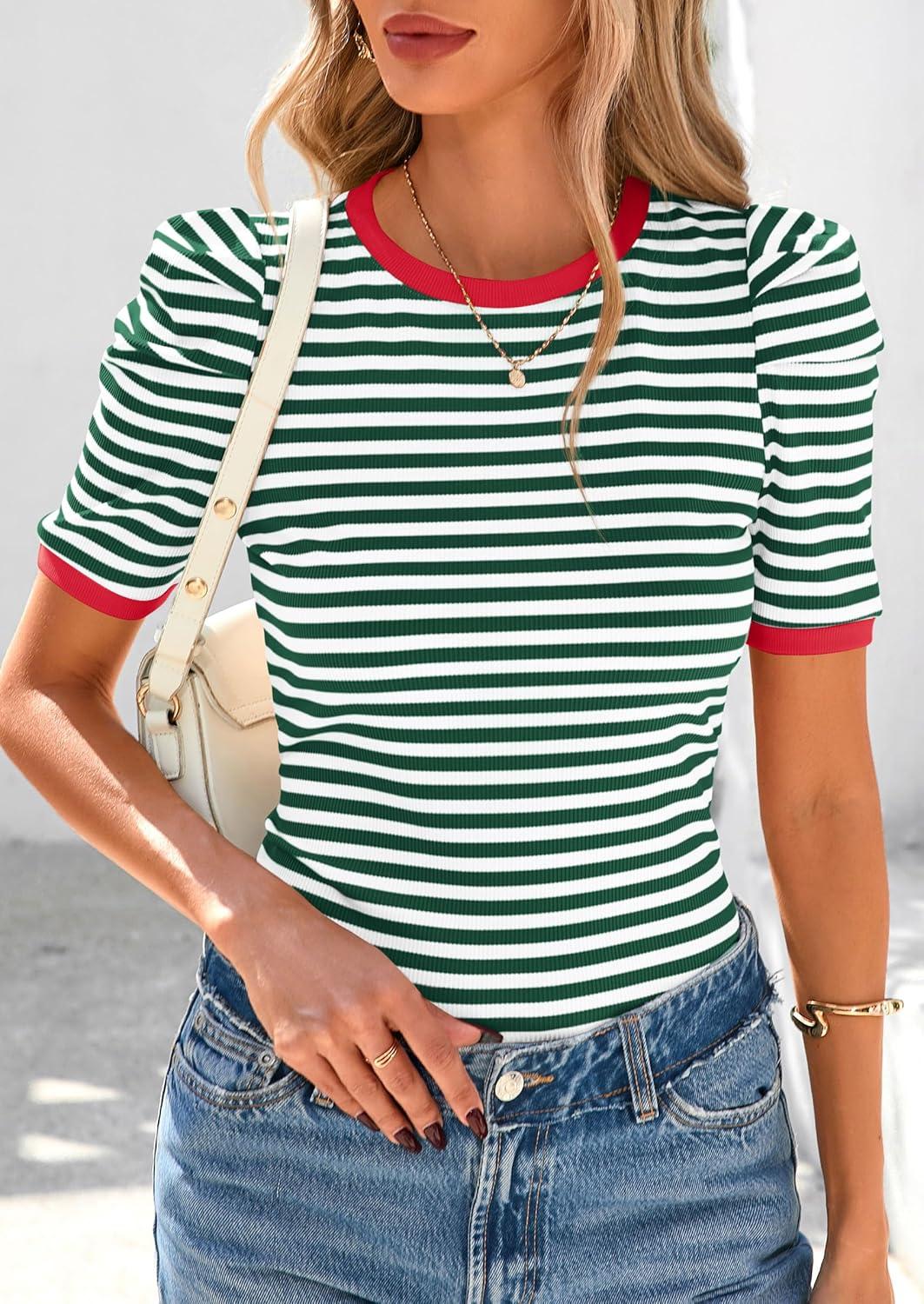 imagePRETTYGARDEN Womens Summer Puff Sleeve Tops Casual Ribbed Knit Crop Top Color Block Trendy Crewneck Striped ShirtsGreen