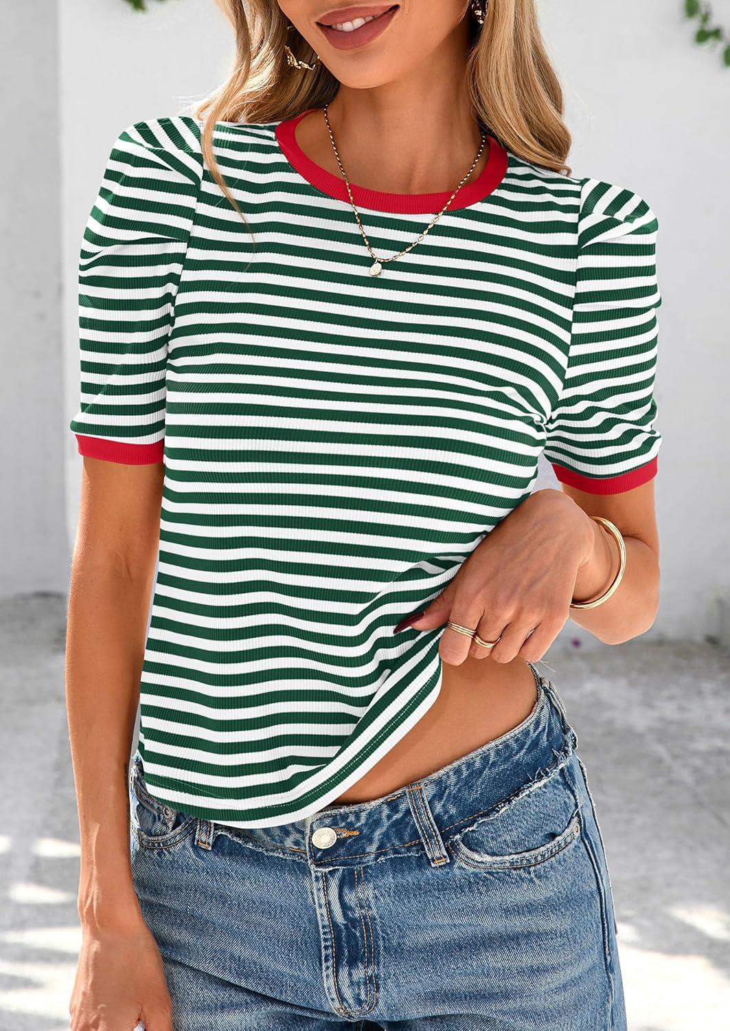 imagePRETTYGARDEN Womens Summer Puff Sleeve Tops Casual Ribbed Knit Crop Top Color Block Trendy Crewneck Striped ShirtsGreen