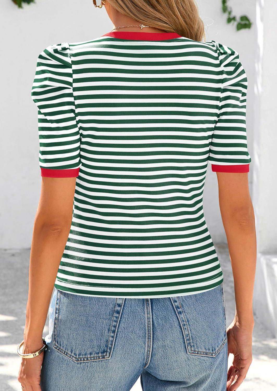 imagePRETTYGARDEN Womens Summer Puff Sleeve Tops Casual Ribbed Knit Crop Top Color Block Trendy Crewneck Striped ShirtsGreen
