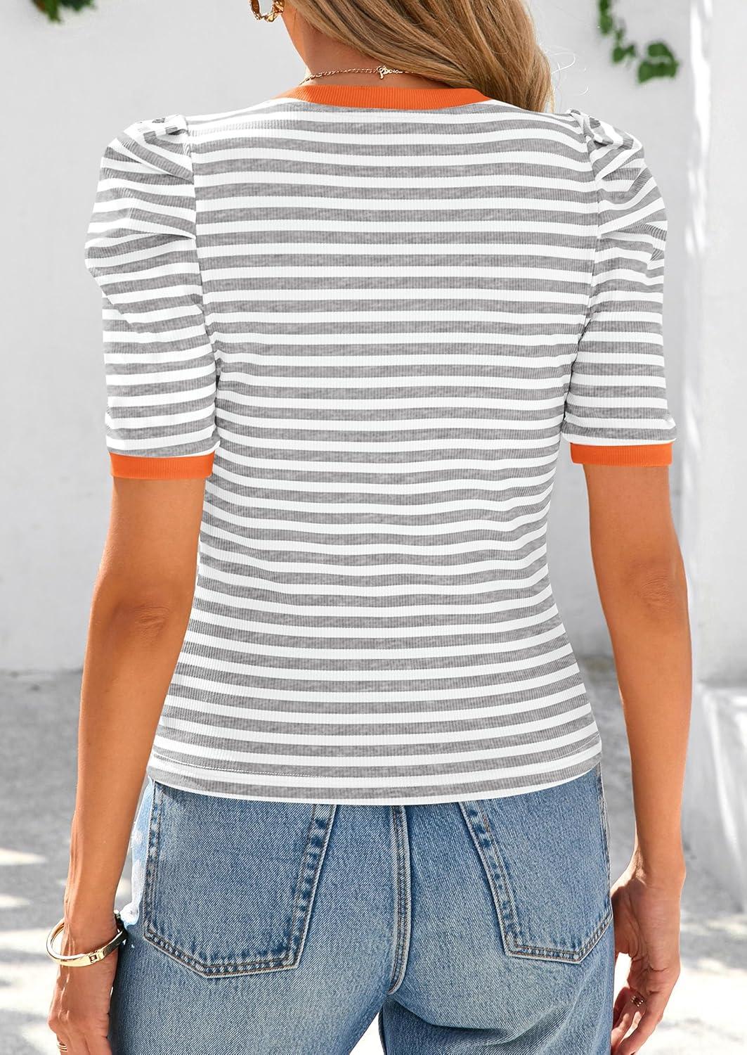 imagePRETTYGARDEN Womens Summer Puff Sleeve Tops Casual Ribbed Knit Crop Top Color Block Trendy Crewneck Striped ShirtsGrey