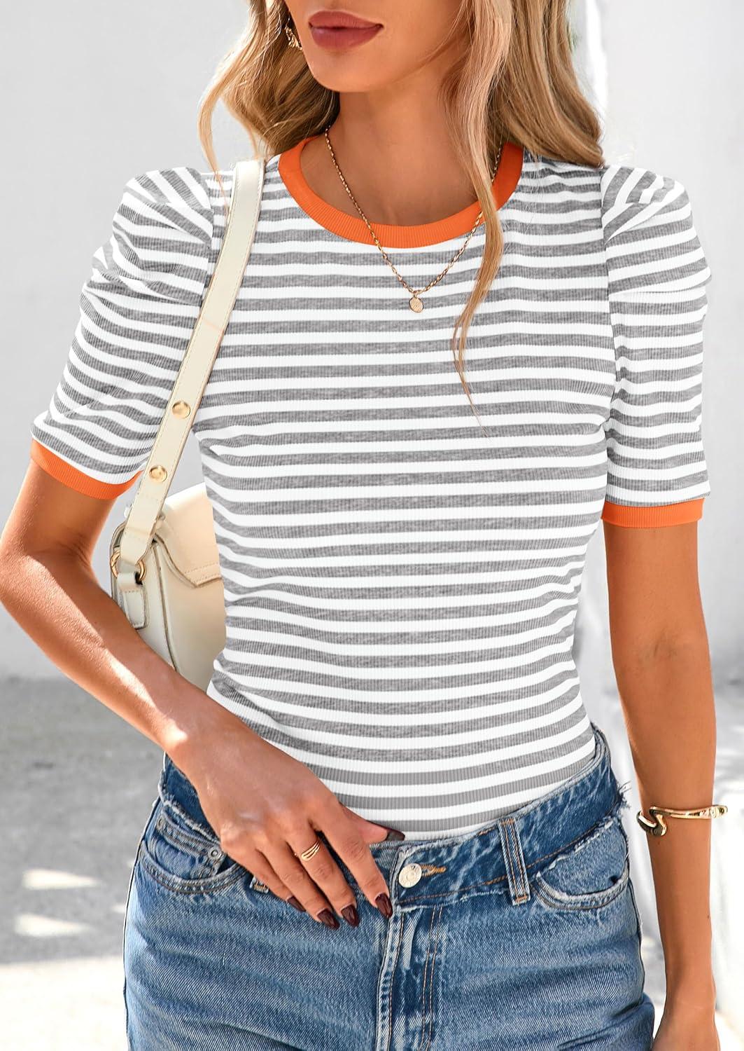 imagePRETTYGARDEN Womens Summer Puff Sleeve Tops Casual Ribbed Knit Crop Top Color Block Trendy Crewneck Striped ShirtsGrey