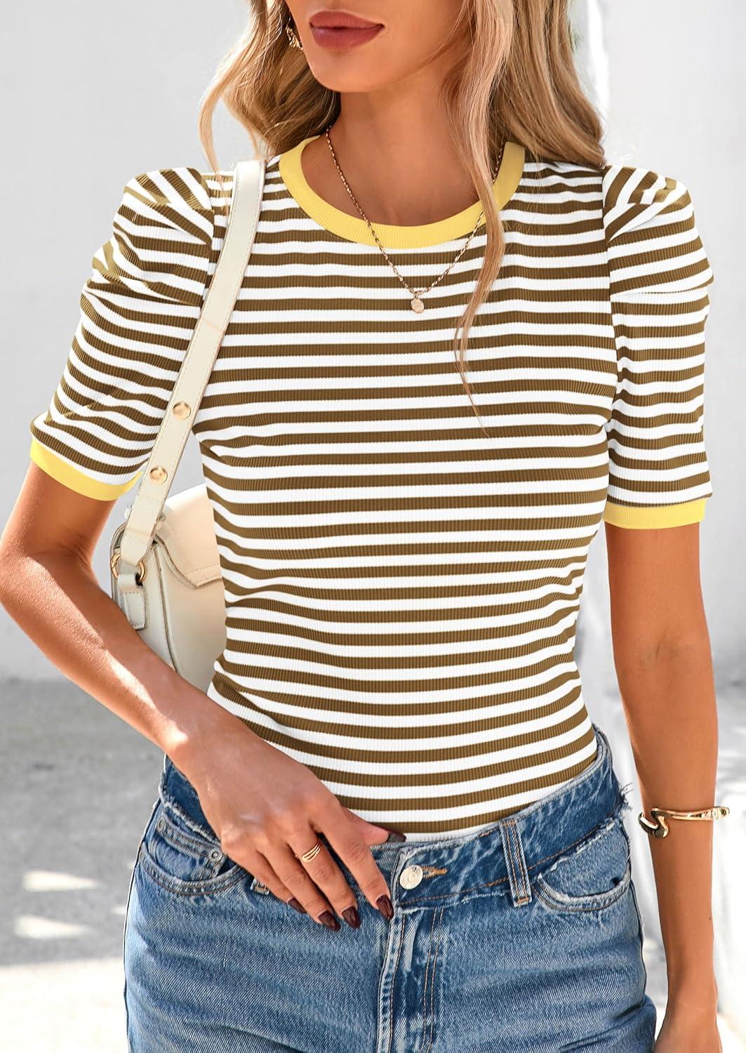 imagePRETTYGARDEN Womens Summer Puff Sleeve Tops Casual Ribbed Knit Crop Top Color Block Trendy Crewneck Striped ShirtsKhaki