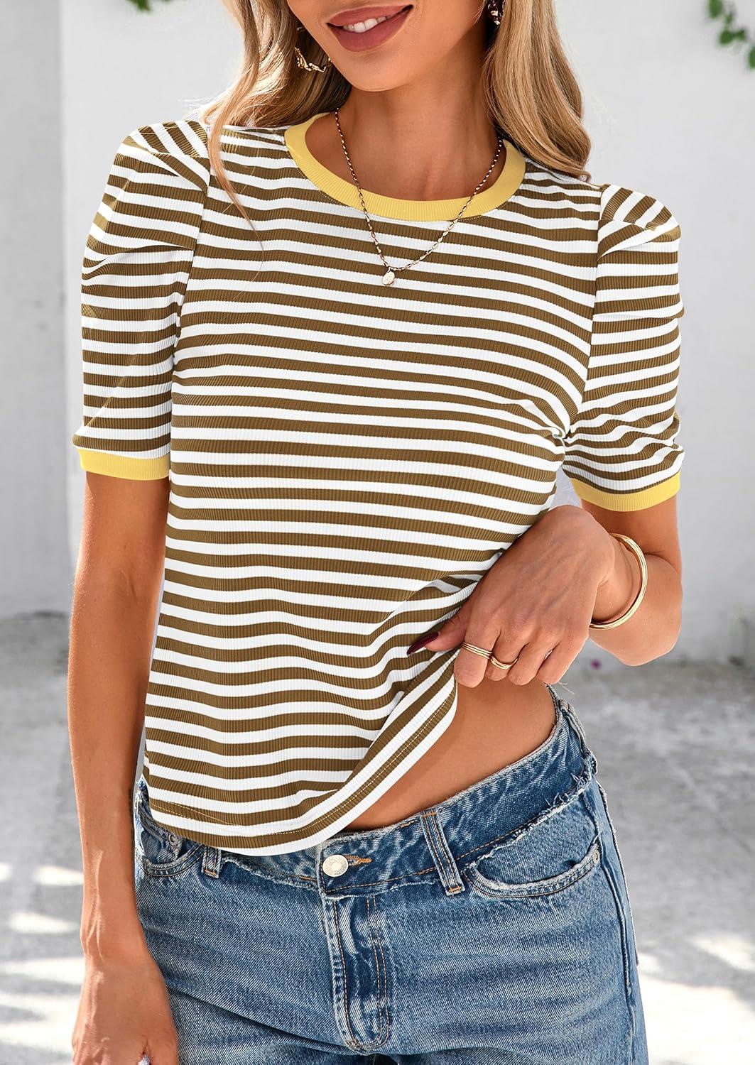 imagePRETTYGARDEN Womens Summer Puff Sleeve Tops Casual Ribbed Knit Crop Top Color Block Trendy Crewneck Striped ShirtsKhaki