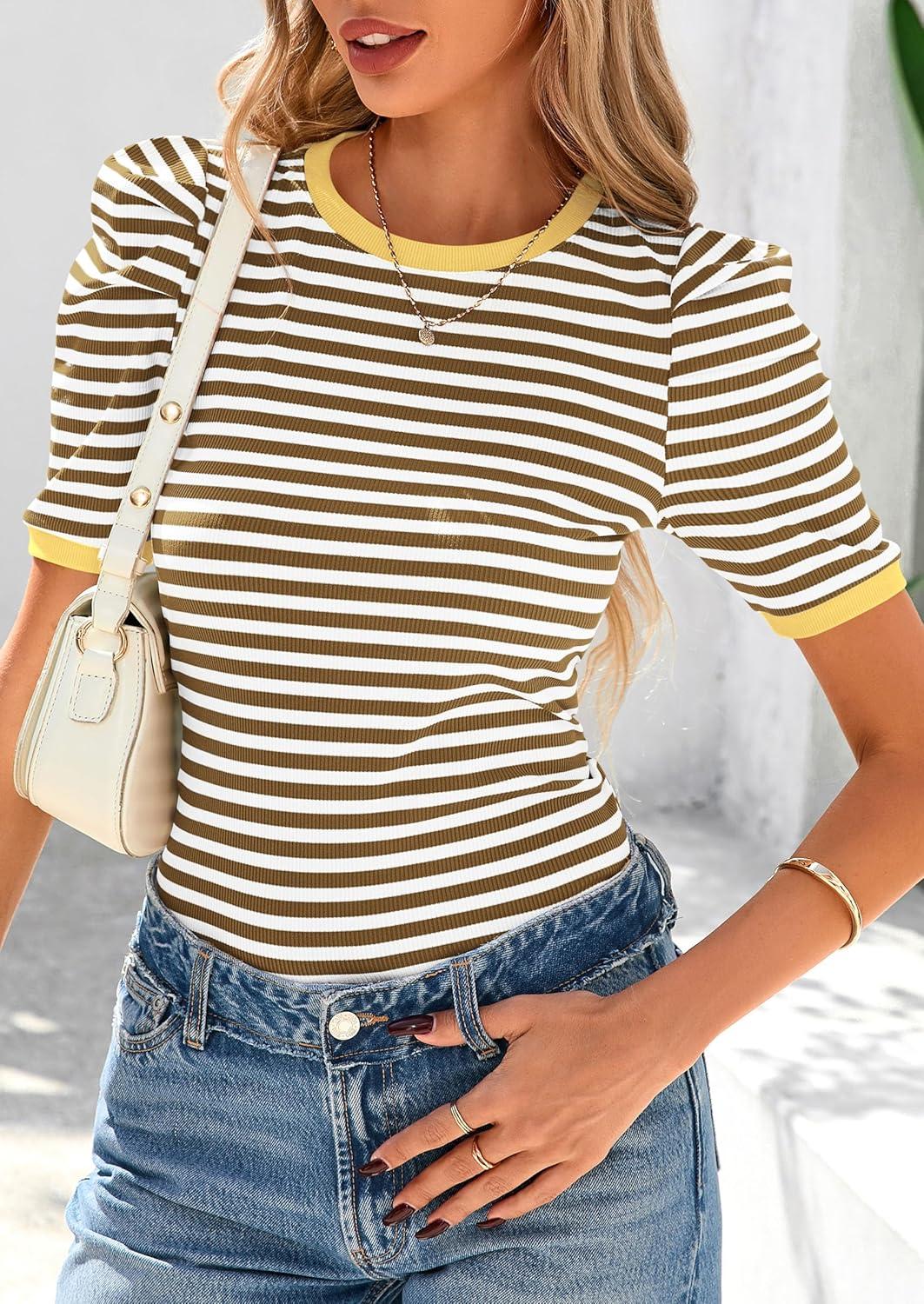 imagePRETTYGARDEN Womens Summer Puff Sleeve Tops Casual Ribbed Knit Crop Top Color Block Trendy Crewneck Striped ShirtsKhaki