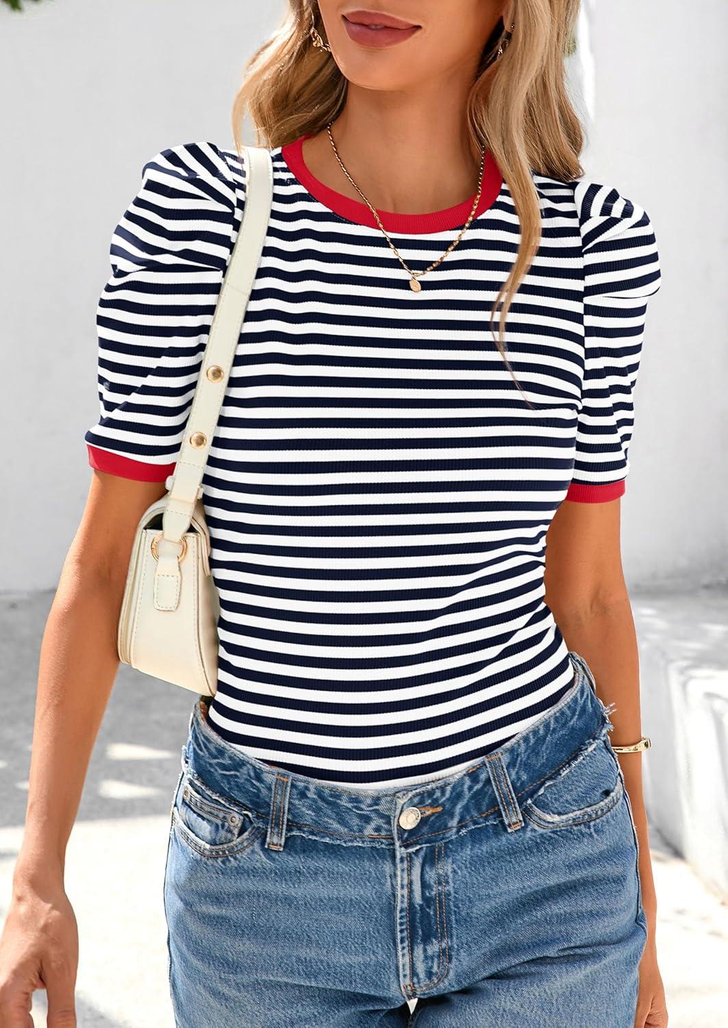 imagePRETTYGARDEN Womens Summer Puff Sleeve Tops Casual Ribbed Knit Crop Top Color Block Trendy Crewneck Striped ShirtsNavy