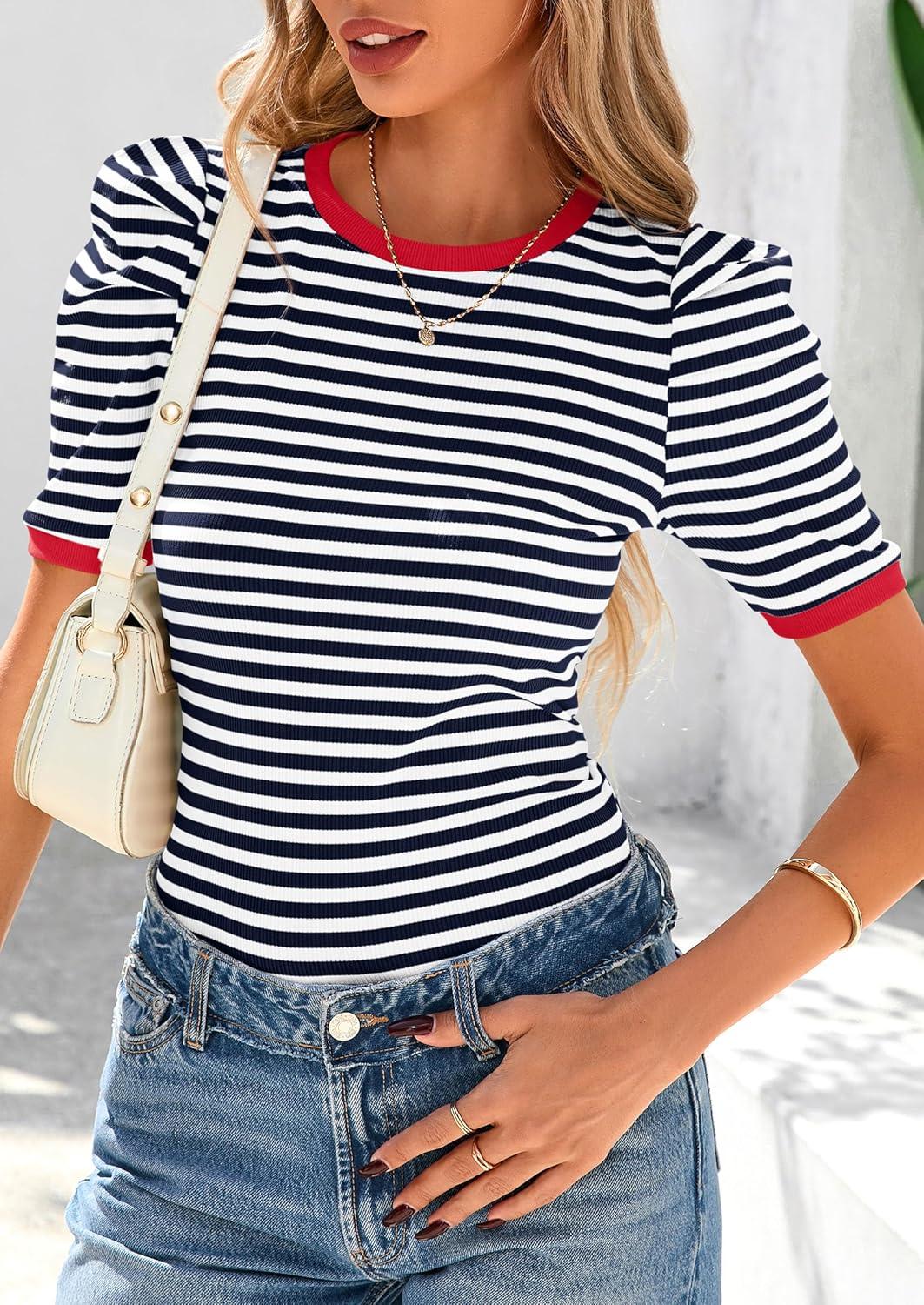 imagePRETTYGARDEN Womens Summer Puff Sleeve Tops Casual Ribbed Knit Crop Top Color Block Trendy Crewneck Striped ShirtsNavy