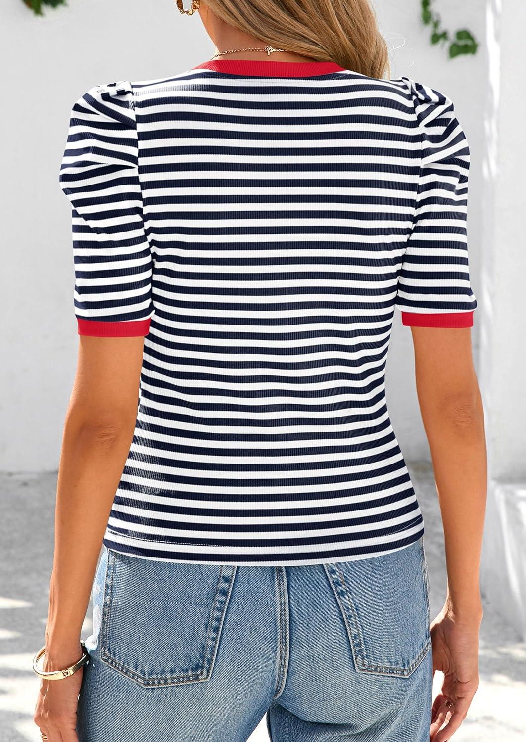 imagePRETTYGARDEN Womens Summer Puff Sleeve Tops Casual Ribbed Knit Crop Top Color Block Trendy Crewneck Striped ShirtsNavy