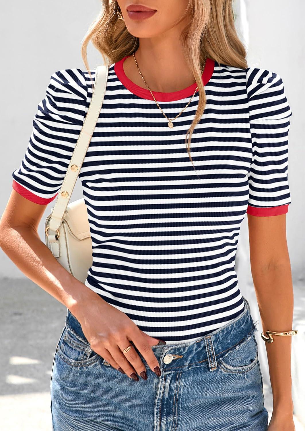 imagePRETTYGARDEN Womens Summer Puff Sleeve Tops Casual Ribbed Knit Crop Top Color Block Trendy Crewneck Striped ShirtsNavy
