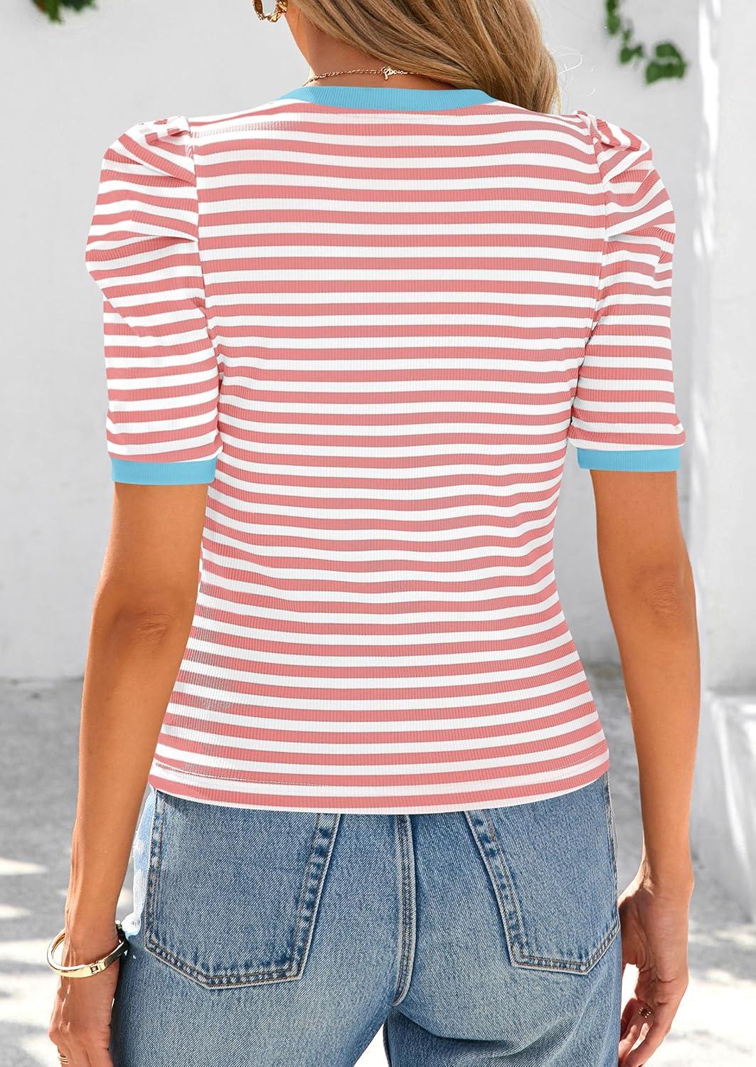 imagePRETTYGARDEN Womens Summer Puff Sleeve Tops Casual Ribbed Knit Crop Top Color Block Trendy Crewneck Striped ShirtsPink