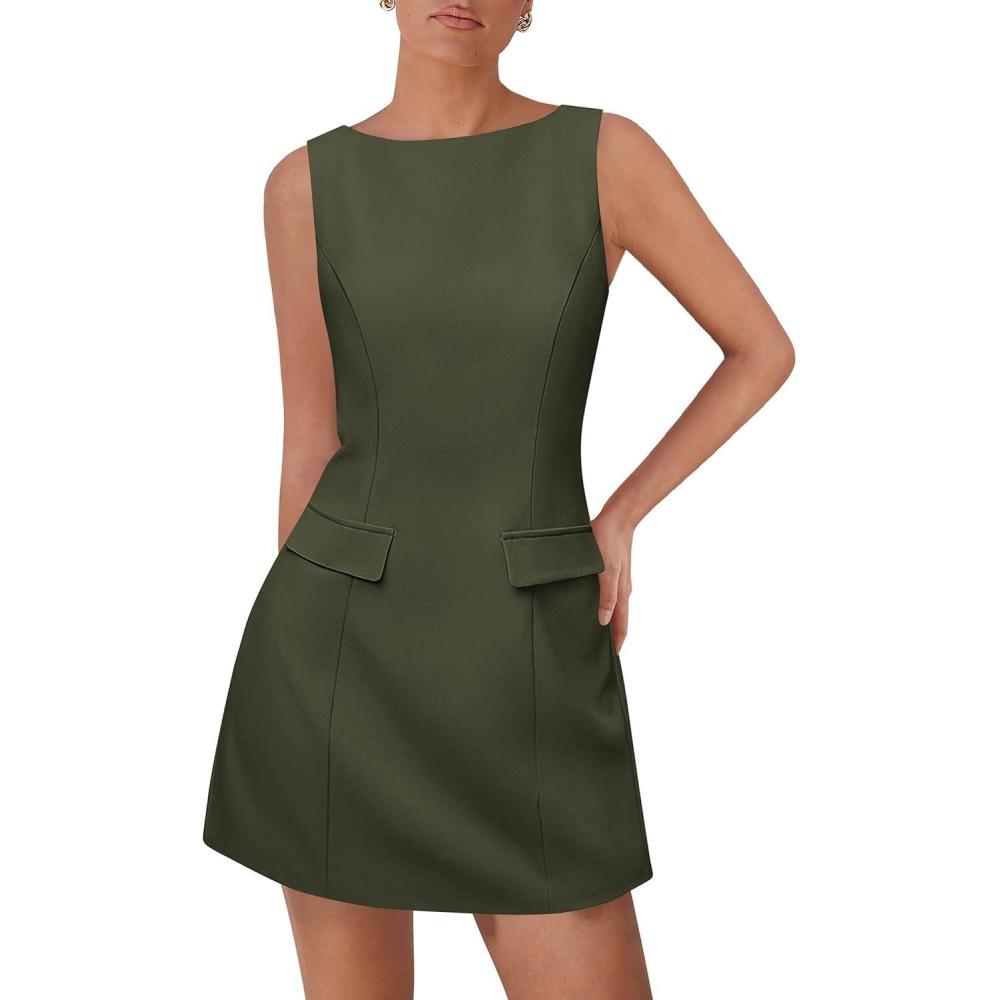 imagePRETTYGARDEN Womens 2025 Casual Sleeveless Summer Dresses Boat Neck Zipper Bodycon A Line Date Night Party Mini DressArmy Green