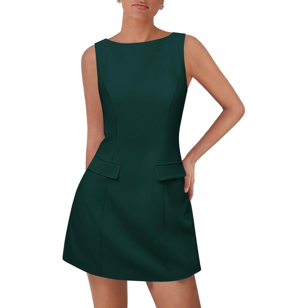 imagePRETTYGARDEN Womens 2025 Casual Sleeveless Summer Dresses Boat Neck Zipper Bodycon A Line Date Night Party Mini DressDark Green