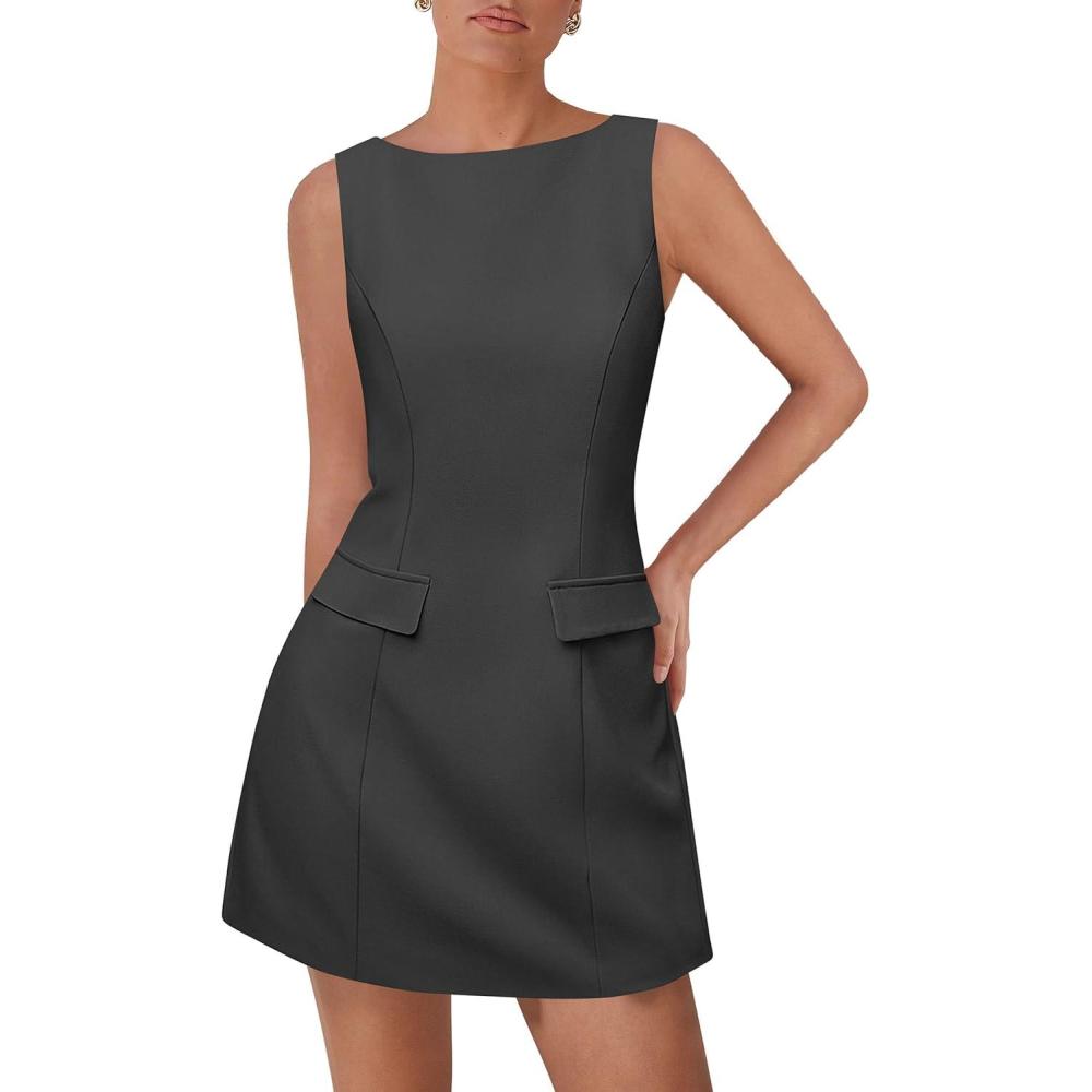 imagePRETTYGARDEN Womens 2025 Casual Sleeveless Summer Dresses Boat Neck Zipper Bodycon A Line Date Night Party Mini DressGrey